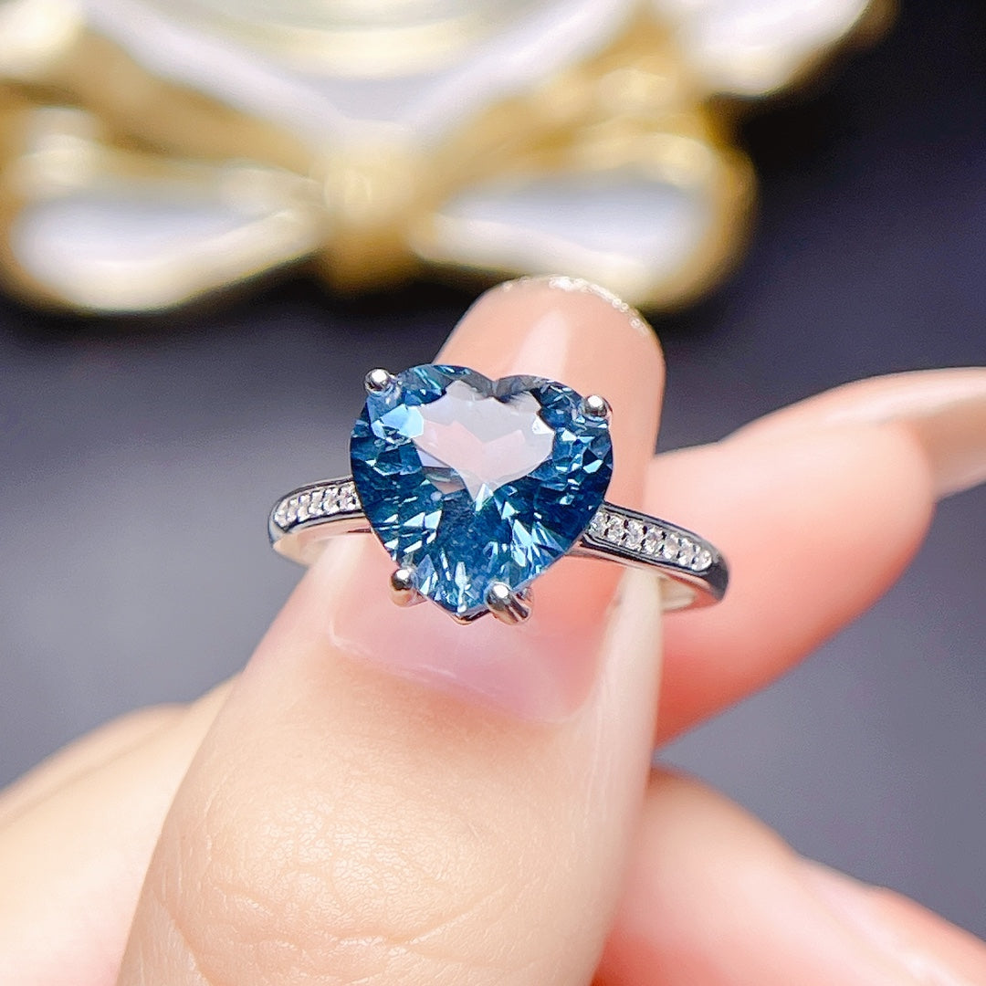 Natural Topaz Adjustable Ring London Blue Deep Rich Color 10*10mm Gem Full Clean Stone Intense Fire 925 Silver Gold-plated Setting Light Luxury Minimalist Ins Style Gift 💍