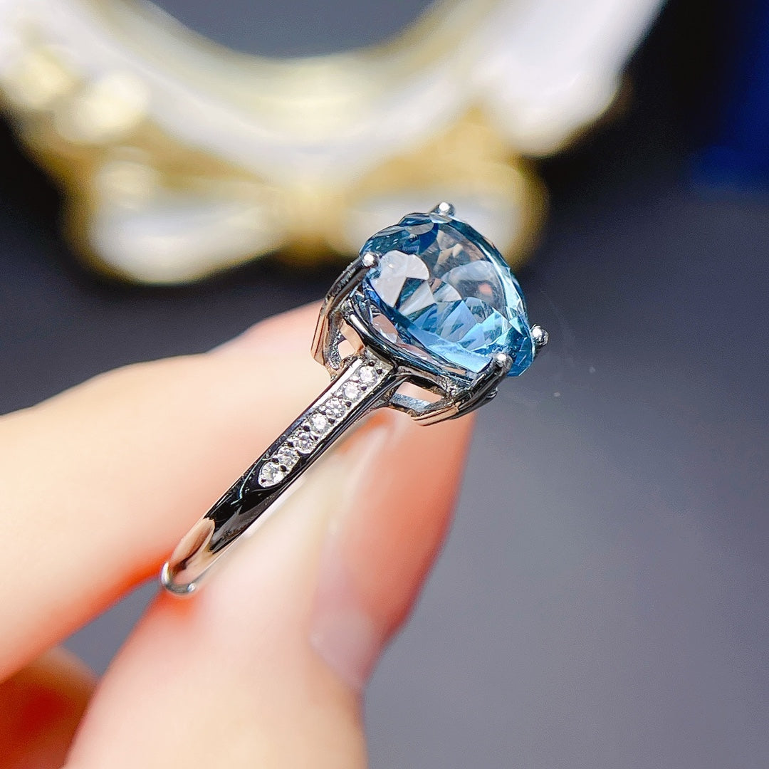 Natural Topaz Adjustable Ring London Blue Deep Rich Color 10*10mm Gem Full Clean Stone Intense Fire 925 Silver Gold-plated Setting Light Luxury Minimalist Ins Style Gift 💍