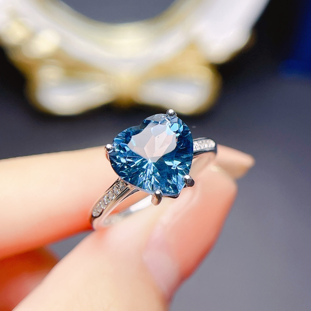 Natural Topaz Adjustable Ring London Blue Deep Rich Color 10*10mm Gem Full Clean Stone Intense Fire 925 Silver Gold-plated Setting Light Luxury Minimalist Ins Style Gift 💍