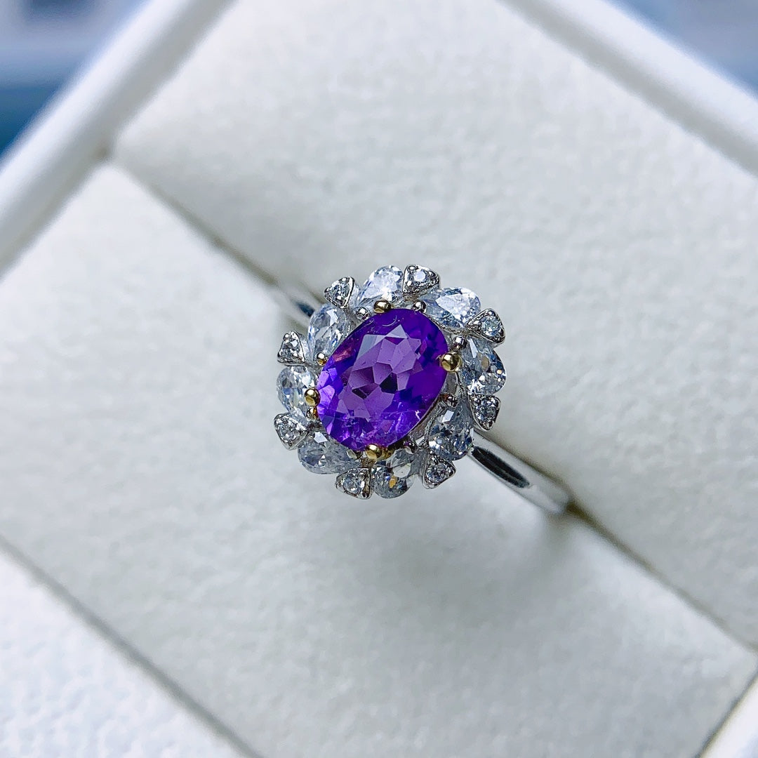 Natural Amethyst Adjustable Ring 5*7mm Big Gem Rich Purple Full Clean Intense Fire S925 Silver Setting Simple Fashion Light Luxury Minimalist Ins Style Gift 💍
