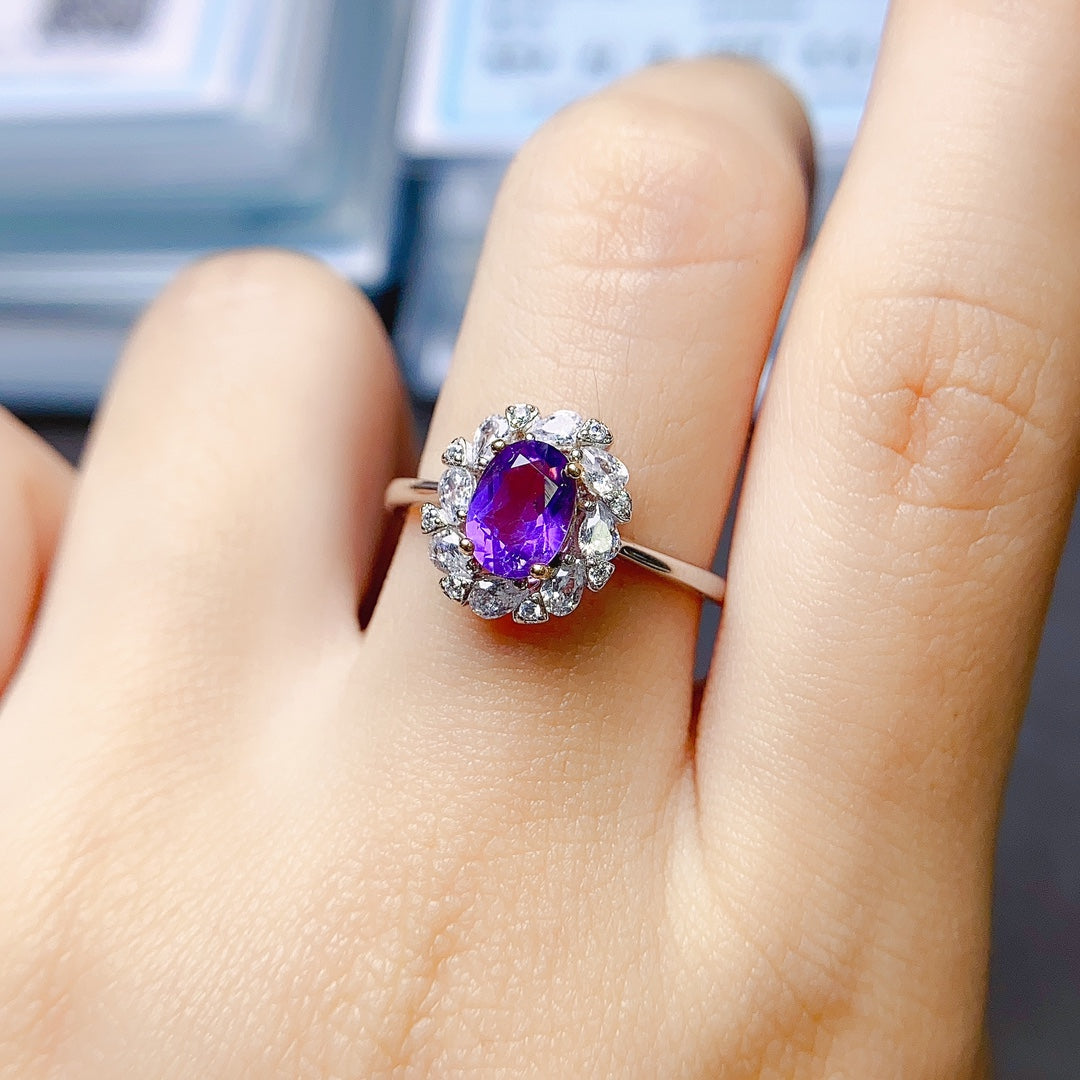 Natural Amethyst Adjustable Ring 5*7mm Big Gem Rich Purple Full Clean Intense Fire S925 Silver Setting Simple Fashion Light Luxury Minimalist Ins Style Gift 💍