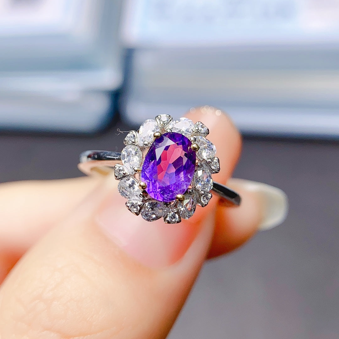Natural Amethyst Adjustable Ring 5*7mm Big Gem Rich Purple Full Clean Intense Fire S925 Silver Setting Simple Fashion Light Luxury Minimalist Ins Style Gift 💍