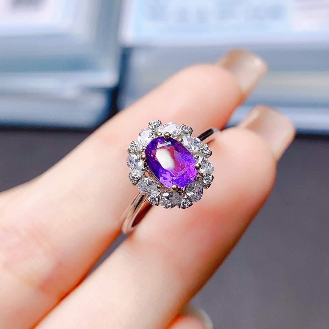 Natural Amethyst Adjustable Ring 5*7mm Big Gem Rich Purple Full Clean Intense Fire S925 Silver Setting Simple Fashion Light Luxury Minimalist Ins Style Gift 💍