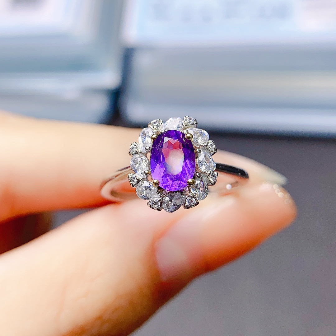 Natural Amethyst Adjustable Ring 5*7mm Big Gem Rich Purple Full Clean Intense Fire S925 Silver Setting Simple Fashion Light Luxury Minimalist Ins Style Gift 💍