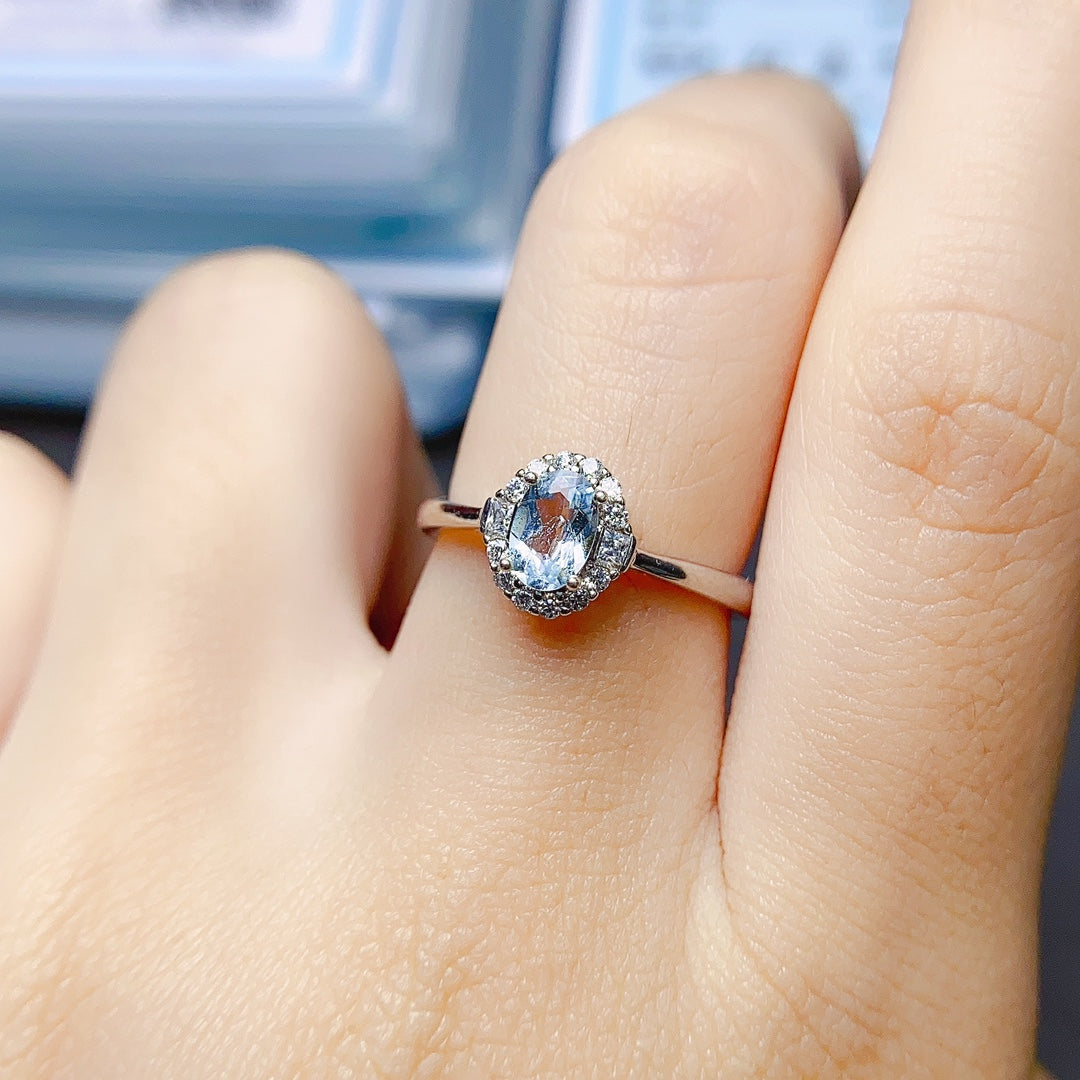 Natural Aquamarine Adjustable Ring 4*6mm Full Clean Stone Intense Fire S925 Silver Setting Fresh Ocean Color Simple Light Luxury Minimalist Ins Style Gift 💍