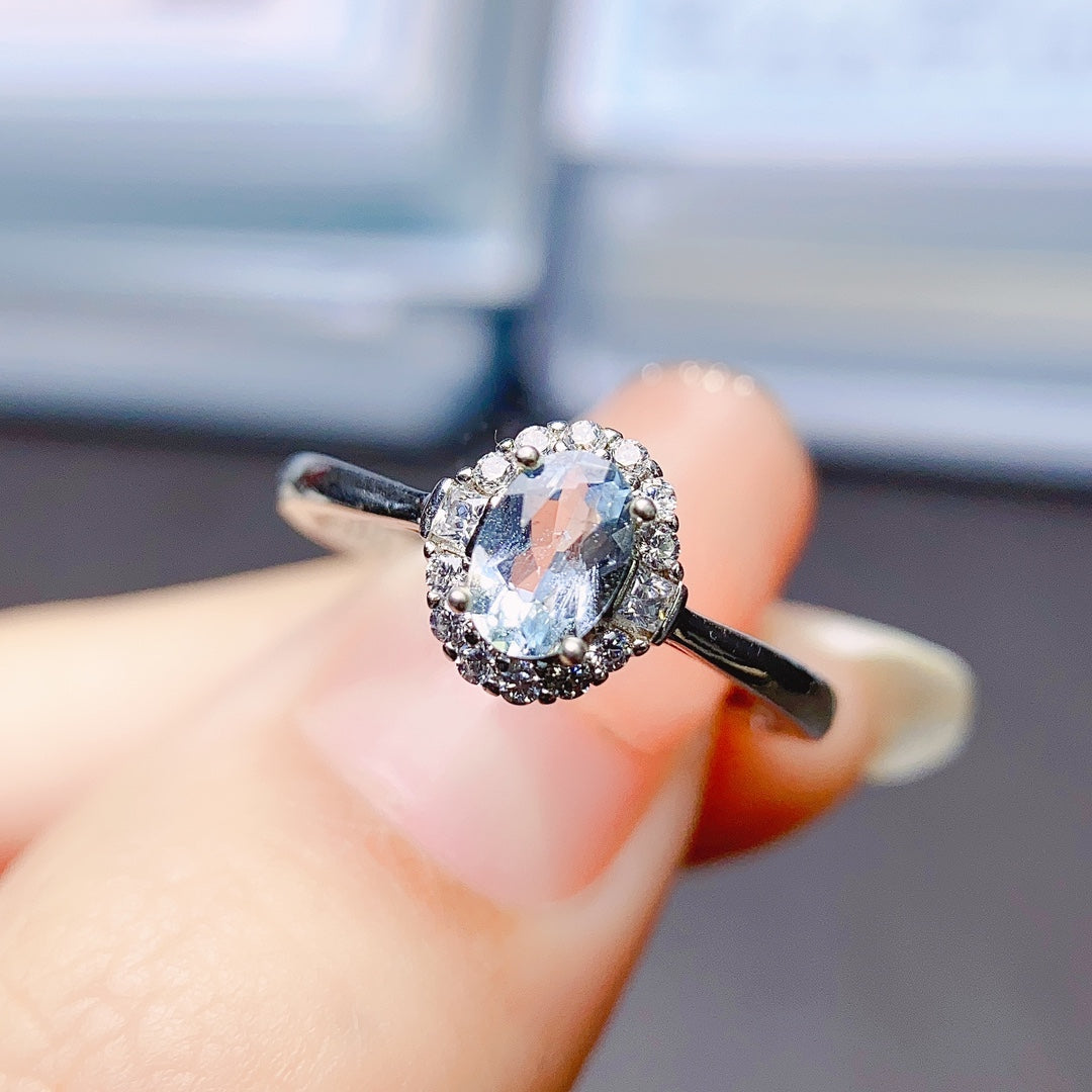 Natural Aquamarine Adjustable Ring 4*6mm Full Clean Stone Intense Fire S925 Silver Setting Fresh Ocean Color Simple Light Luxury Minimalist Ins Style Gift 💍