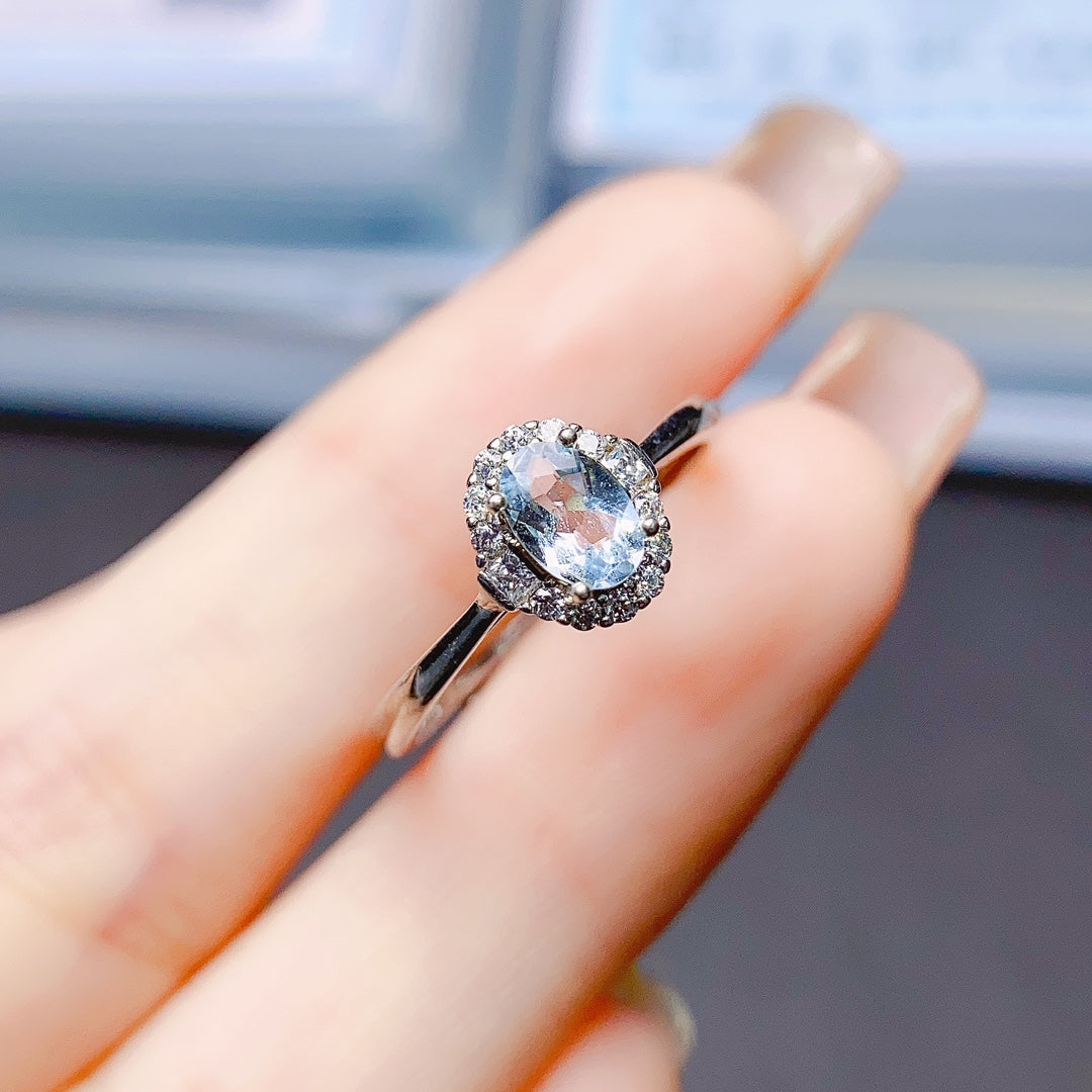 Natural Aquamarine Adjustable Ring 4*6mm Full Clean Stone Intense Fire S925 Silver Setting Fresh Ocean Color Simple Light Luxury Minimalist Ins Style Gift 💍