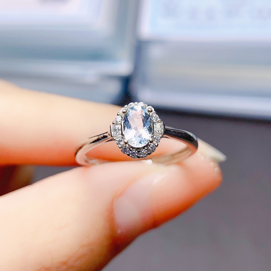 Natural Aquamarine Adjustable Ring 4*6mm Full Clean Stone Intense Fire S925 Silver Setting Fresh Ocean Color Simple Light Luxury Minimalist Ins Style Gift 💍
