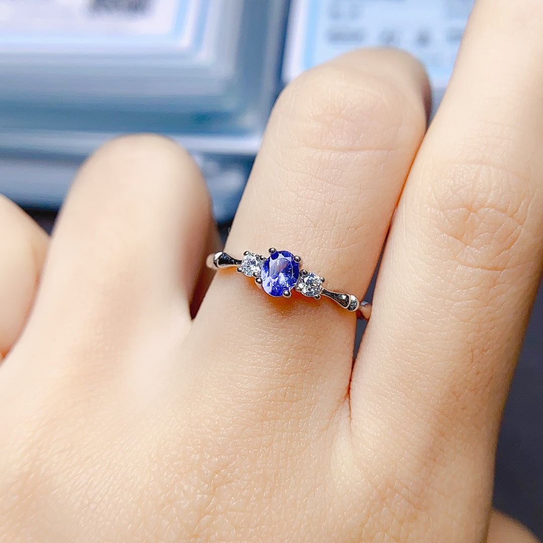Natural Tanzanite Adjustable Ring 4*5mm Full Clean Stone Intense Fire S925 Silver Setting Blue-Violet Dreamy Simple Light Luxury Minimalist Ins Style Gift 💍