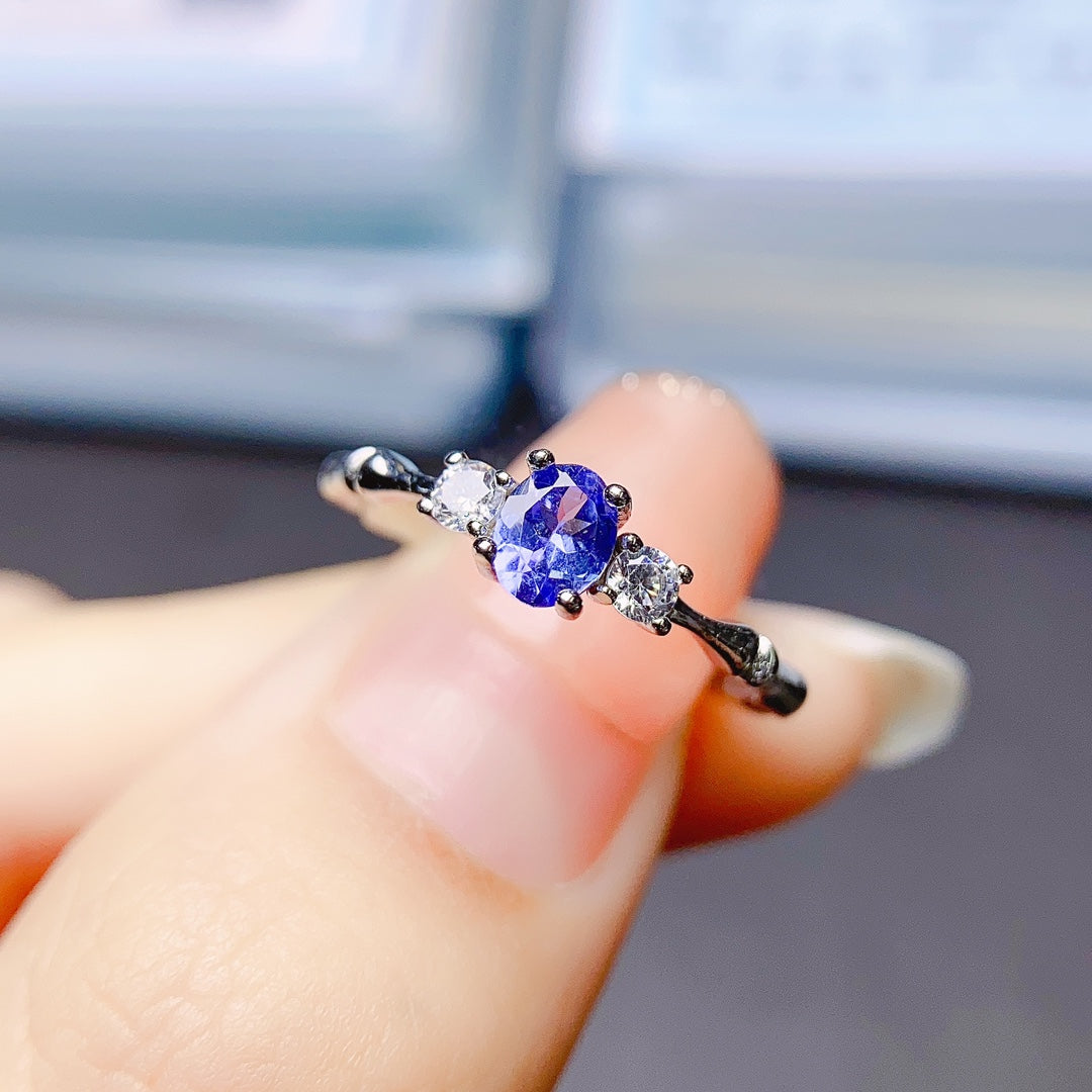 Natural Tanzanite Adjustable Ring 4*5mm Full Clean Stone Intense Fire S925 Silver Setting Blue-Violet Dreamy Simple Light Luxury Minimalist Ins Style Gift 💍