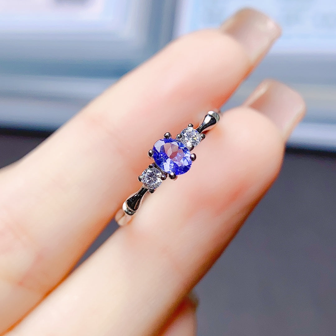 Natural Tanzanite Adjustable Ring 4*5mm Full Clean Stone Intense Fire S925 Silver Setting Blue-Violet Dreamy Simple Light Luxury Minimalist Ins Style Gift 💍