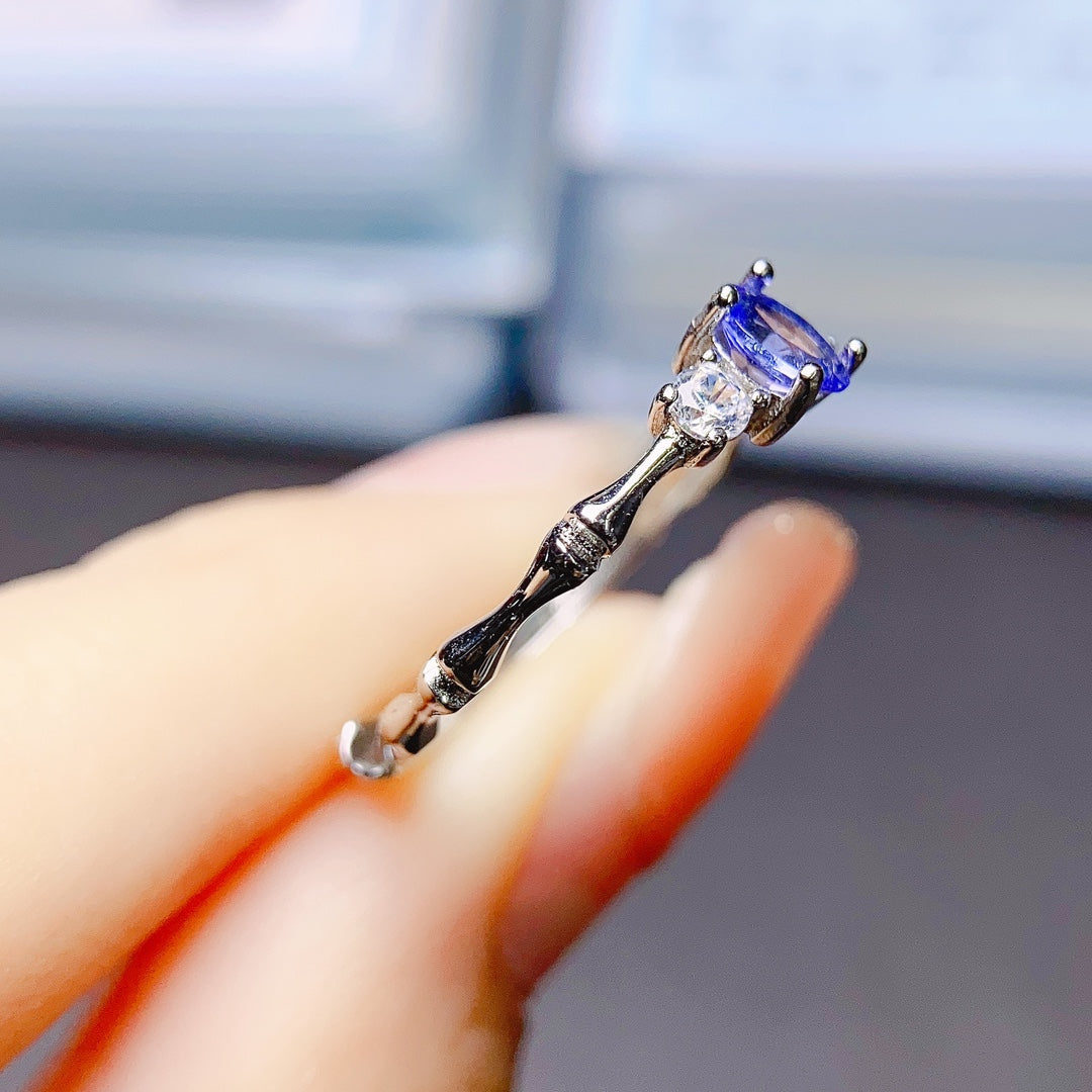 Natural Tanzanite Adjustable Ring 4*5mm Full Clean Stone Intense Fire S925 Silver Setting Blue-Violet Dreamy Simple Light Luxury Minimalist Ins Style Gift 💍
