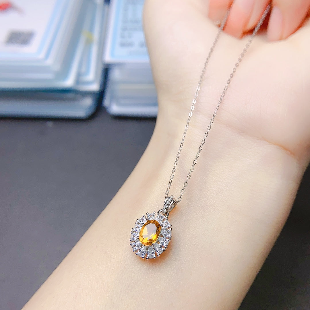 Natural Citrine Pendant 5*7mm Full Clean Stone Intense Fire S925 Silver Setting Sunny Gold-Orange Simple European-American Style Light Luxury Minimalist Choker Necklace Gift