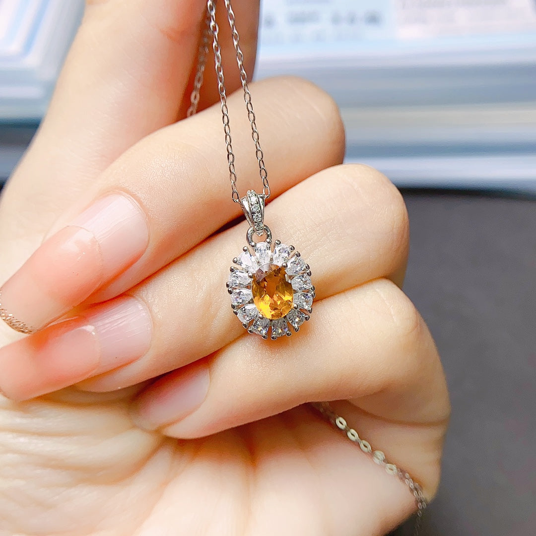Natural Citrine Pendant 5*7mm Full Clean Stone Intense Fire S925 Silver Setting Sunny Gold-Orange Simple European-American Style Light Luxury Minimalist Choker Necklace Gift