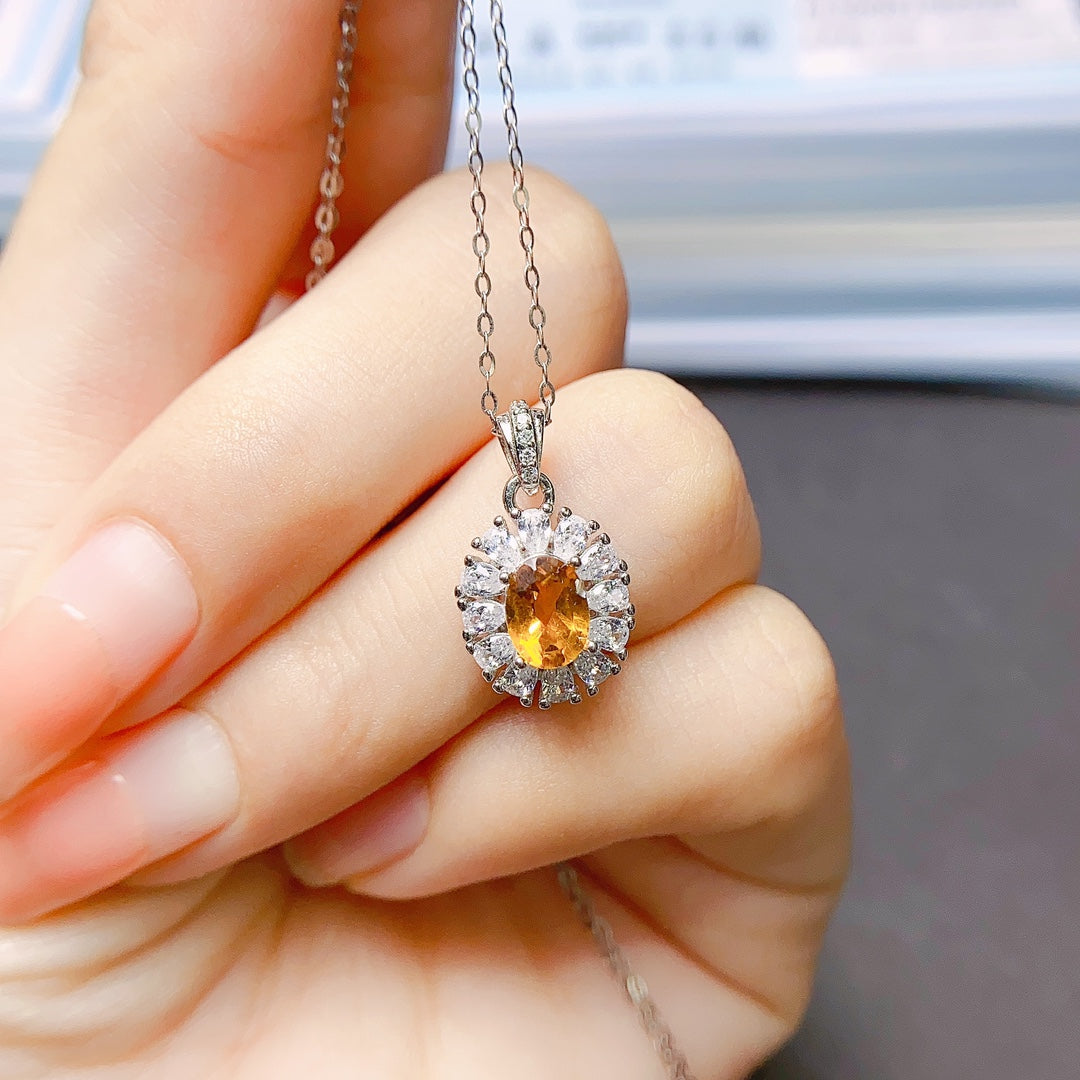 Natural Citrine Pendant 5*7mm Full Clean Stone Intense Fire S925 Silver Setting Sunny Gold-Orange Simple European-American Style Light Luxury Minimalist Choker Necklace Gift