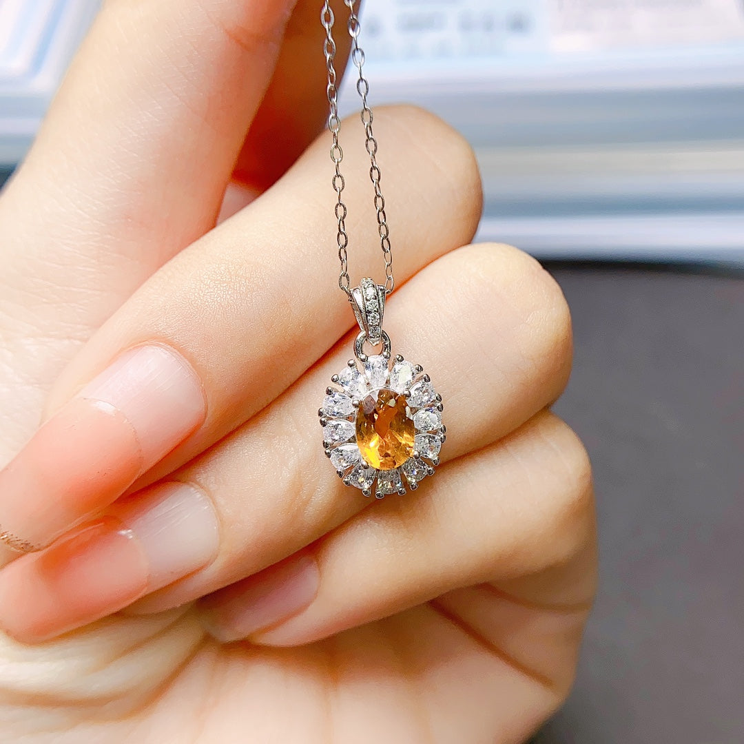 Natural Citrine Pendant 5*7mm Full Clean Stone Intense Fire S925 Silver Setting Sunny Gold-Orange Simple European-American Style Light Luxury Minimalist Choker Necklace Gift