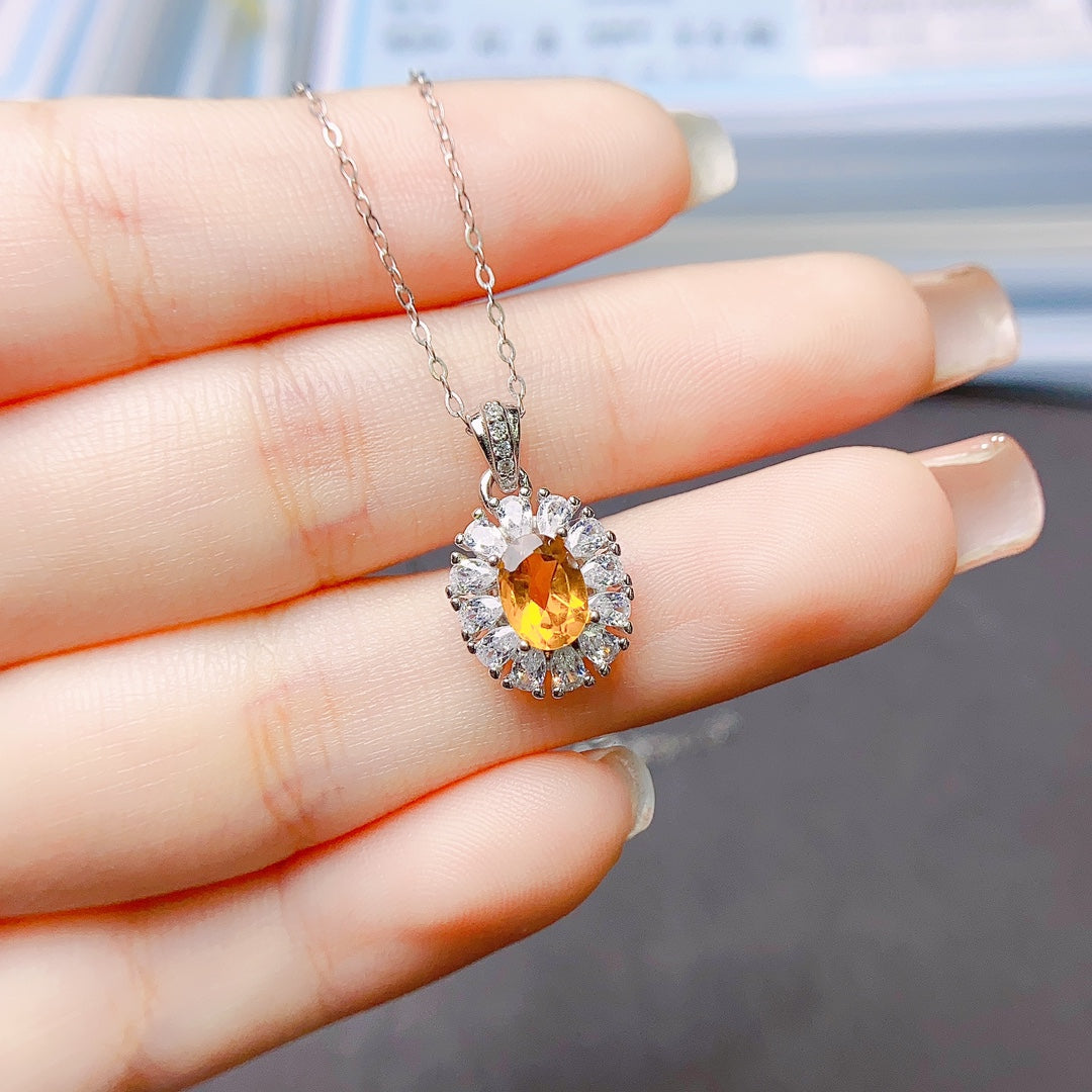 Natural Citrine Pendant 5*7mm Full Clean Stone Intense Fire S925 Silver Setting Sunny Gold-Orange Simple European-American Style Light Luxury Minimalist Choker Necklace Gift