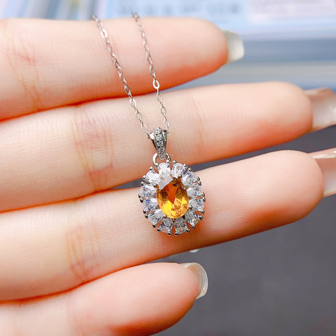 Natural Citrine Pendant 5*7mm Full Clean Stone Intense Fire S925 Silver Setting Sunny Gold-Orange Simple European-American Style Light Luxury Minimalist Choker Necklace Gift