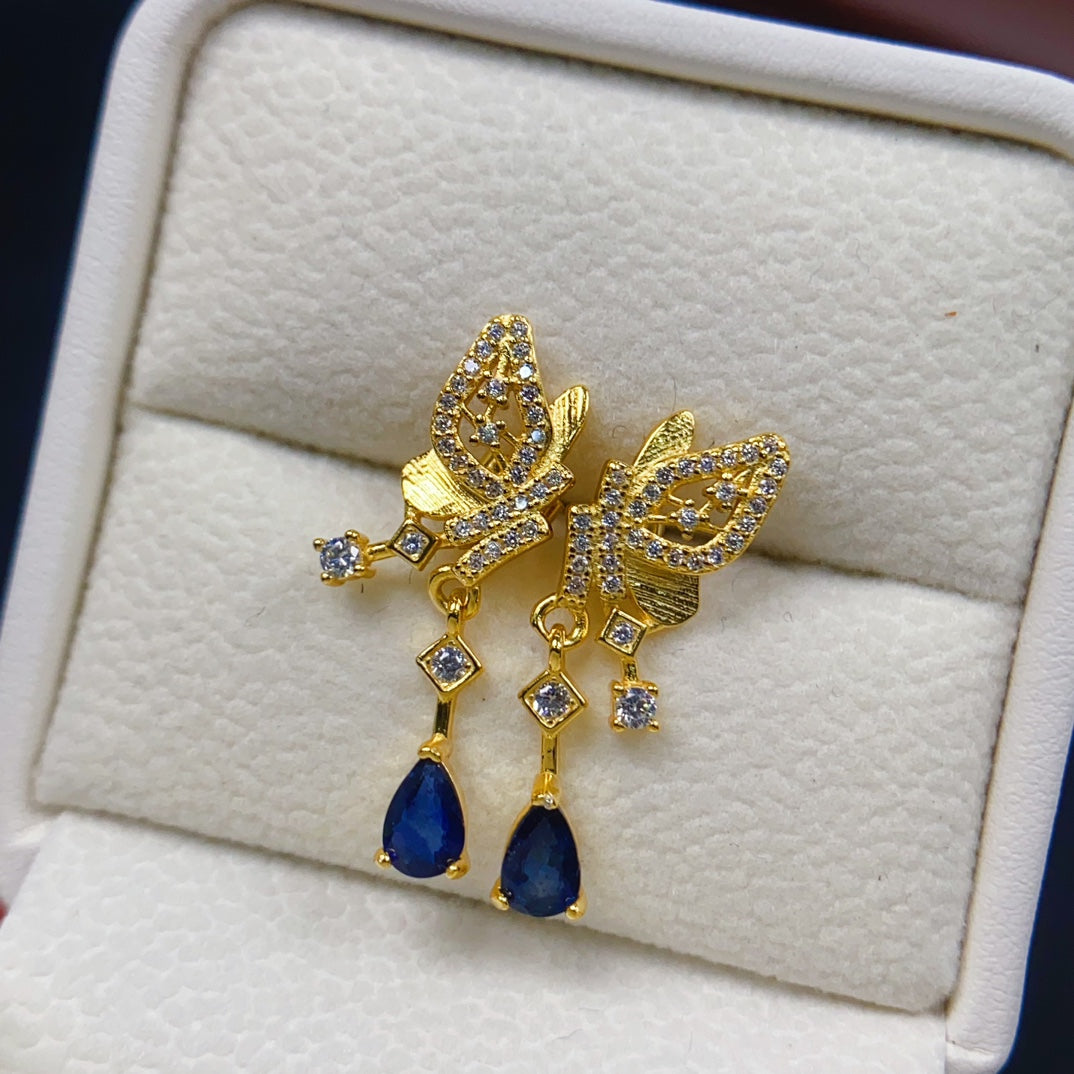 Natural Sapphire Earrings Ear Drop 2-in-1 4*6mm Gold Bowknot Super Cute S925 Silver Setting Rich Cornflower Blue High Clarity Full Fire Light Luxury Minimalist Design Versatile Ins Style Gift