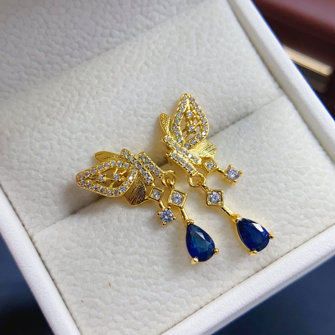 Natural Sapphire Earrings Ear Drop 2-in-1 4*6mm Gold Bowknot Super Cute S925 Silver Setting Rich Cornflower Blue High Clarity Full Fire Light Luxury Minimalist Design Versatile Ins Style Gift