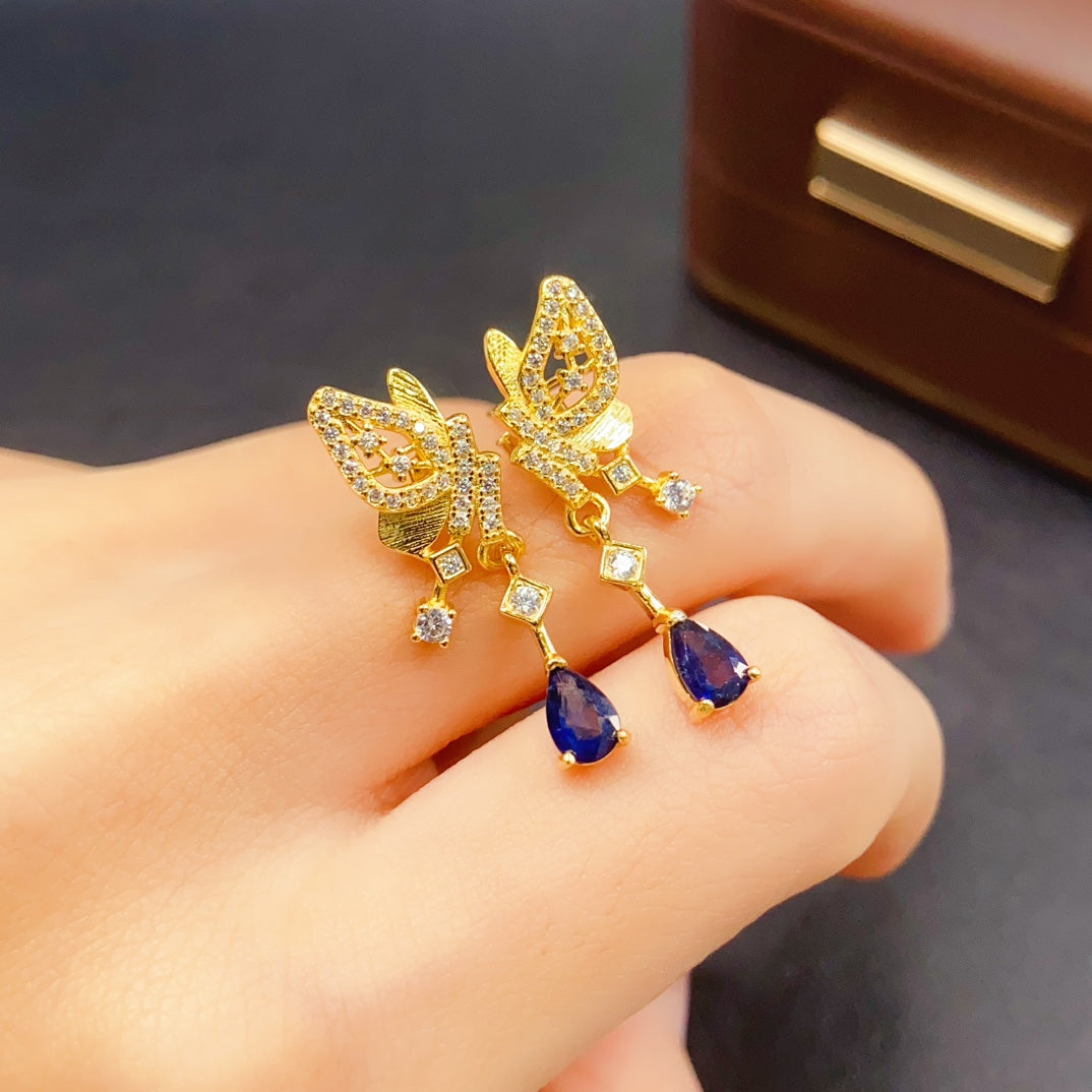 Natural Sapphire Earrings Ear Drop 2-in-1 4*6mm Gold Bowknot Super Cute S925 Silver Setting Rich Cornflower Blue High Clarity Full Fire Light Luxury Minimalist Design Versatile Ins Style Gift