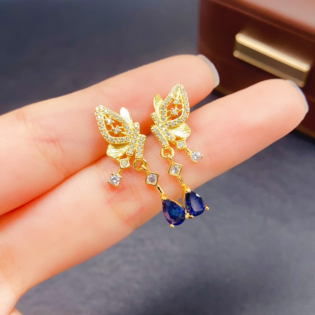 Natural Sapphire Earrings Ear Drop 2-in-1 4*6mm Gold Bowknot Super Cute S925 Silver Setting Rich Cornflower Blue High Clarity Full Fire Light Luxury Minimalist Design Versatile Ins Style Gift