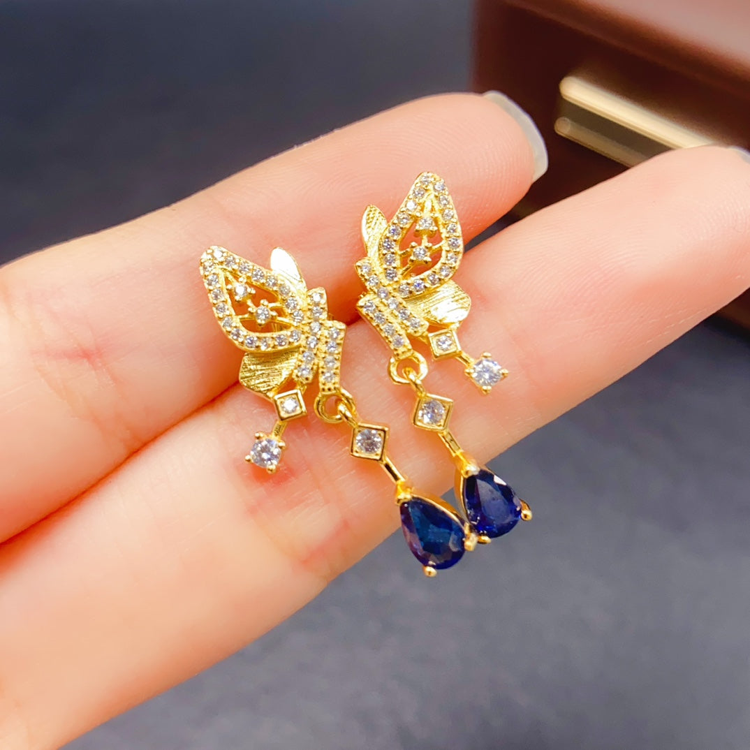 Natural Sapphire Earrings Ear Drop 2-in-1 4*6mm Gold Bowknot Super Cute S925 Silver Setting Rich Cornflower Blue High Clarity Full Fire Light Luxury Minimalist Design Versatile Ins Style Gift