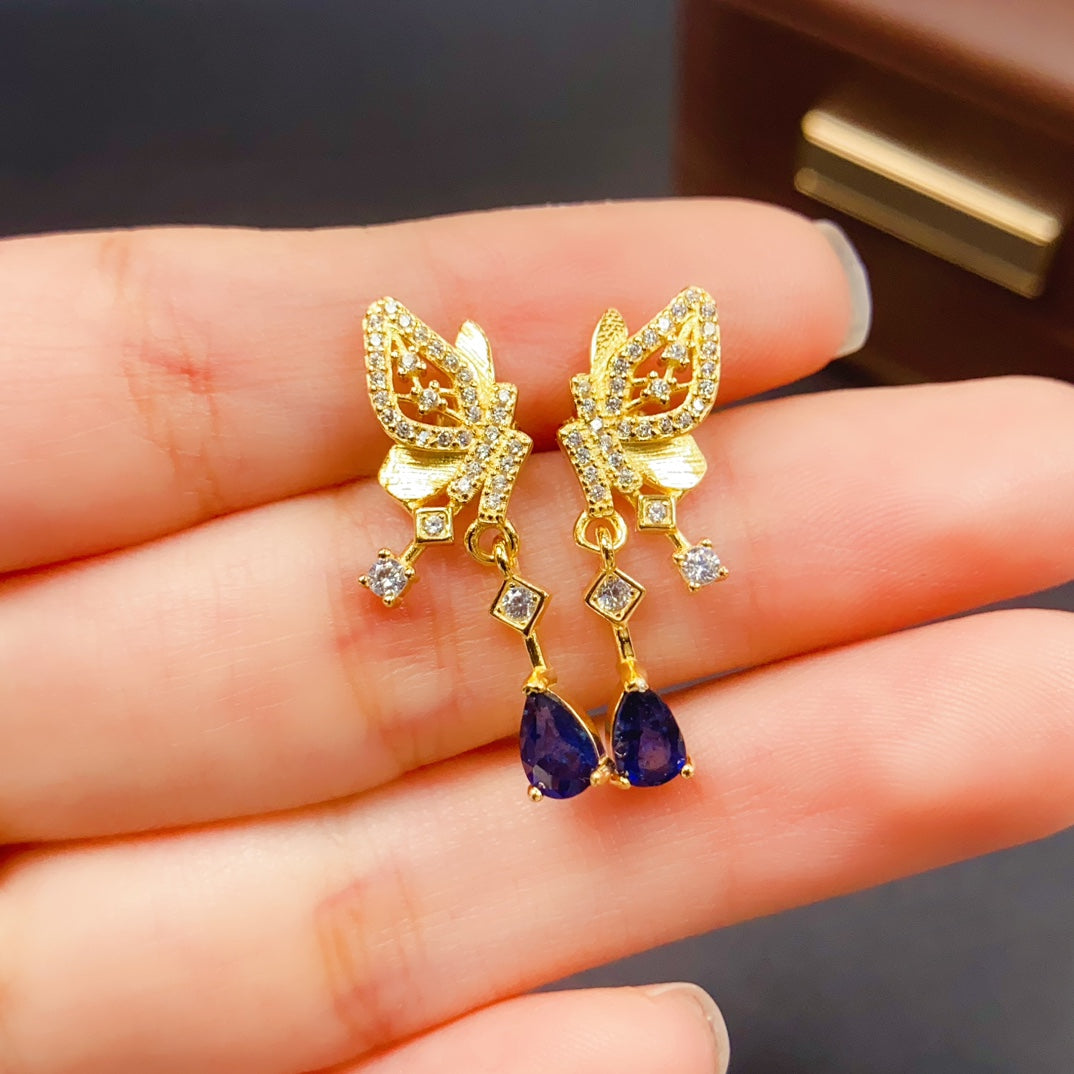 Natural Sapphire Earrings Ear Drop 2-in-1 4*6mm Gold Bowknot Super Cute S925 Silver Setting Rich Cornflower Blue High Clarity Full Fire Light Luxury Minimalist Design Versatile Ins Style Gift