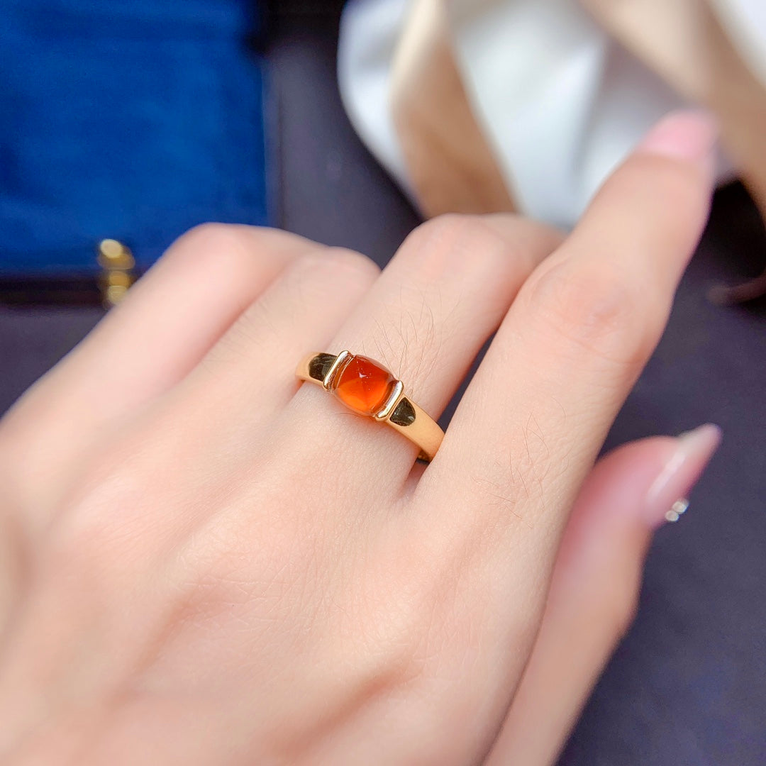 Natural Fanta Garnet Sugar Loaf Cut Adjustable Ring 6*6mm Gold Setting Simple Design Full Clean High Clarity Vibrant Fanta Color S925 Silver Setting Light Luxury Minimalist Ins Style Gift
