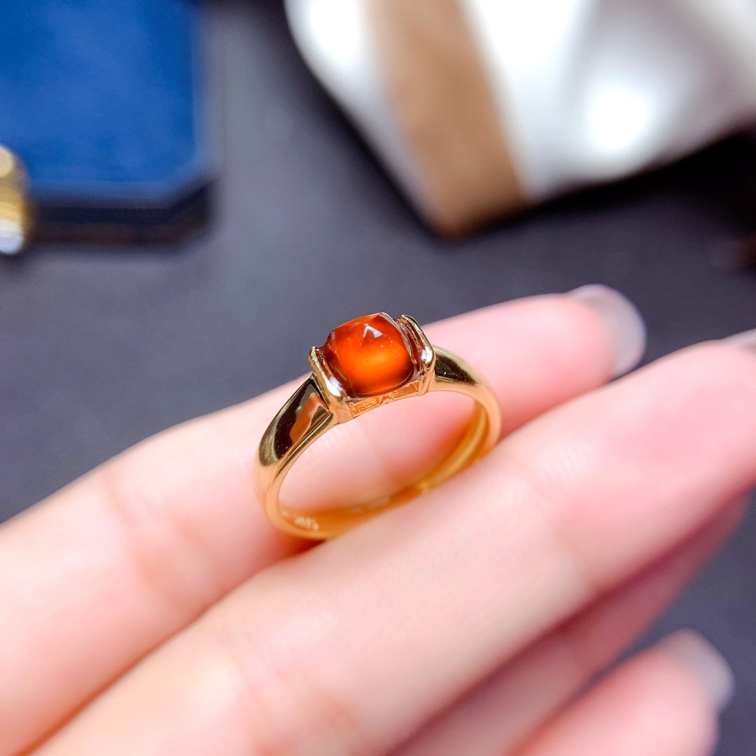 Natural Fanta Garnet Sugar Loaf Cut Adjustable Ring 6*6mm Gold Setting Simple Design Full Clean High Clarity Vibrant Fanta Color S925 Silver Setting Light Luxury Minimalist Ins Style Gift