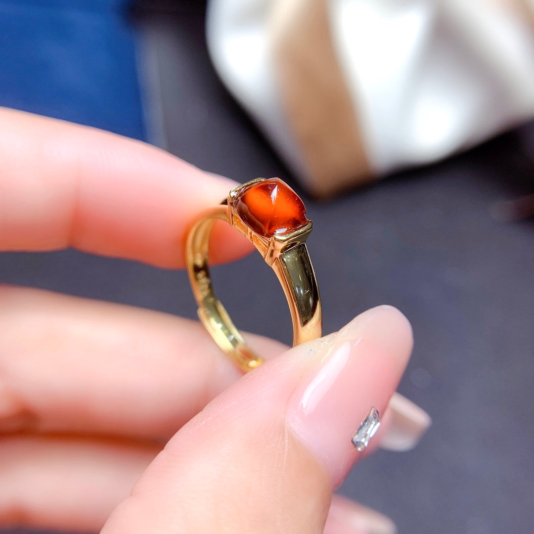 Natural Fanta Garnet Sugar Loaf Cut Adjustable Ring 6*6mm Gold Setting Simple Design Full Clean High Clarity Vibrant Fanta Color S925 Silver Setting Light Luxury Minimalist Ins Style Gift