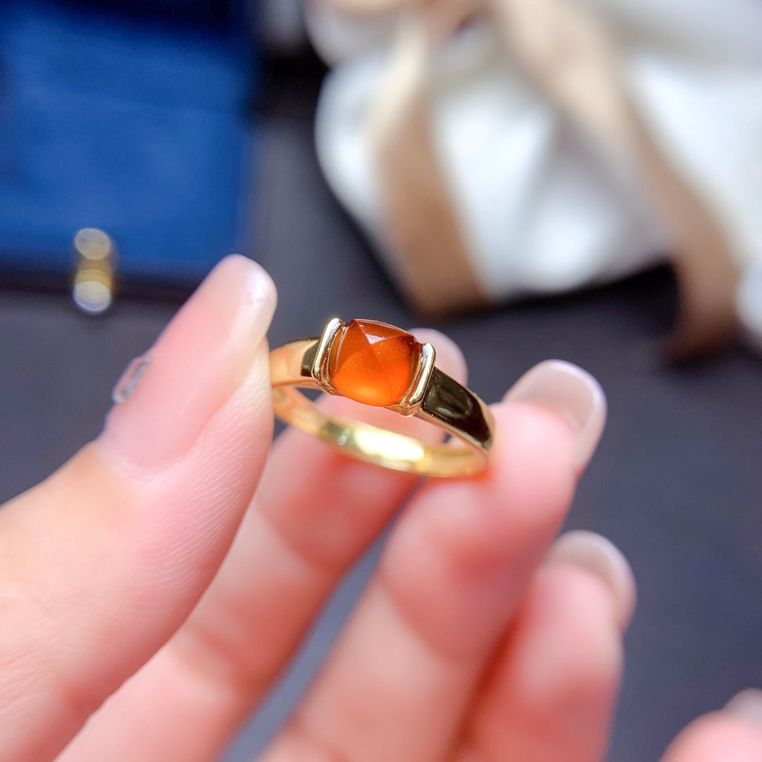 Natural Fanta Garnet Sugar Loaf Cut Adjustable Ring 6*6mm Gold Setting Simple Design Full Clean High Clarity Vibrant Fanta Color S925 Silver Setting Light Luxury Minimalist Ins Style Gift