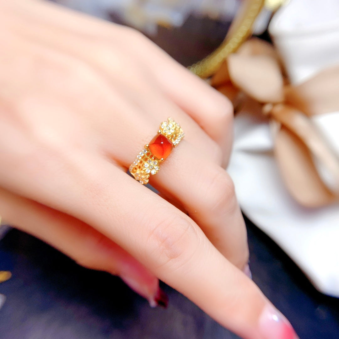 Natural Fanta Garnet Sugar Loaf Cut Adjustable Ring 6*6mm Gold Setting Simple Design Full Clean High Clarity Vibrant Fanta Color S925 Silver Setting Light Luxury Minimalist Ins Style Gift