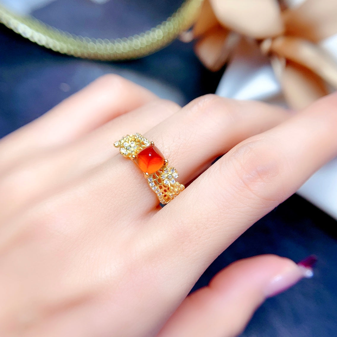 Natural Fanta Garnet Sugar Loaf Cut Adjustable Ring 6*6mm Gold Setting Simple Design Full Clean High Clarity Vibrant Fanta Color S925 Silver Setting Light Luxury Minimalist Ins Style Gift
