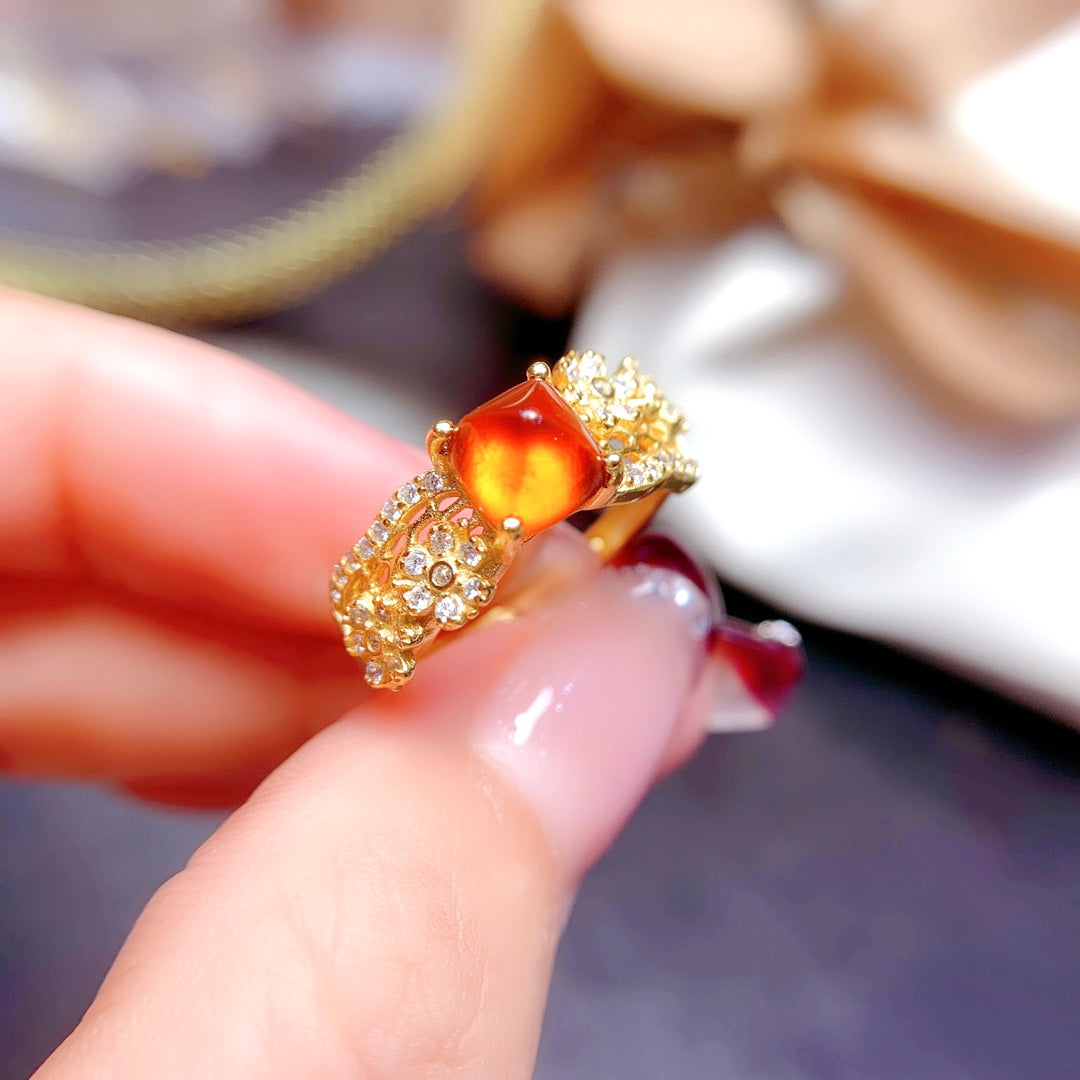 Natural Fanta Garnet Sugar Loaf Cut Adjustable Ring 6*6mm Gold Setting Simple Design Full Clean High Clarity Vibrant Fanta Color S925 Silver Setting Light Luxury Minimalist Ins Style Gift