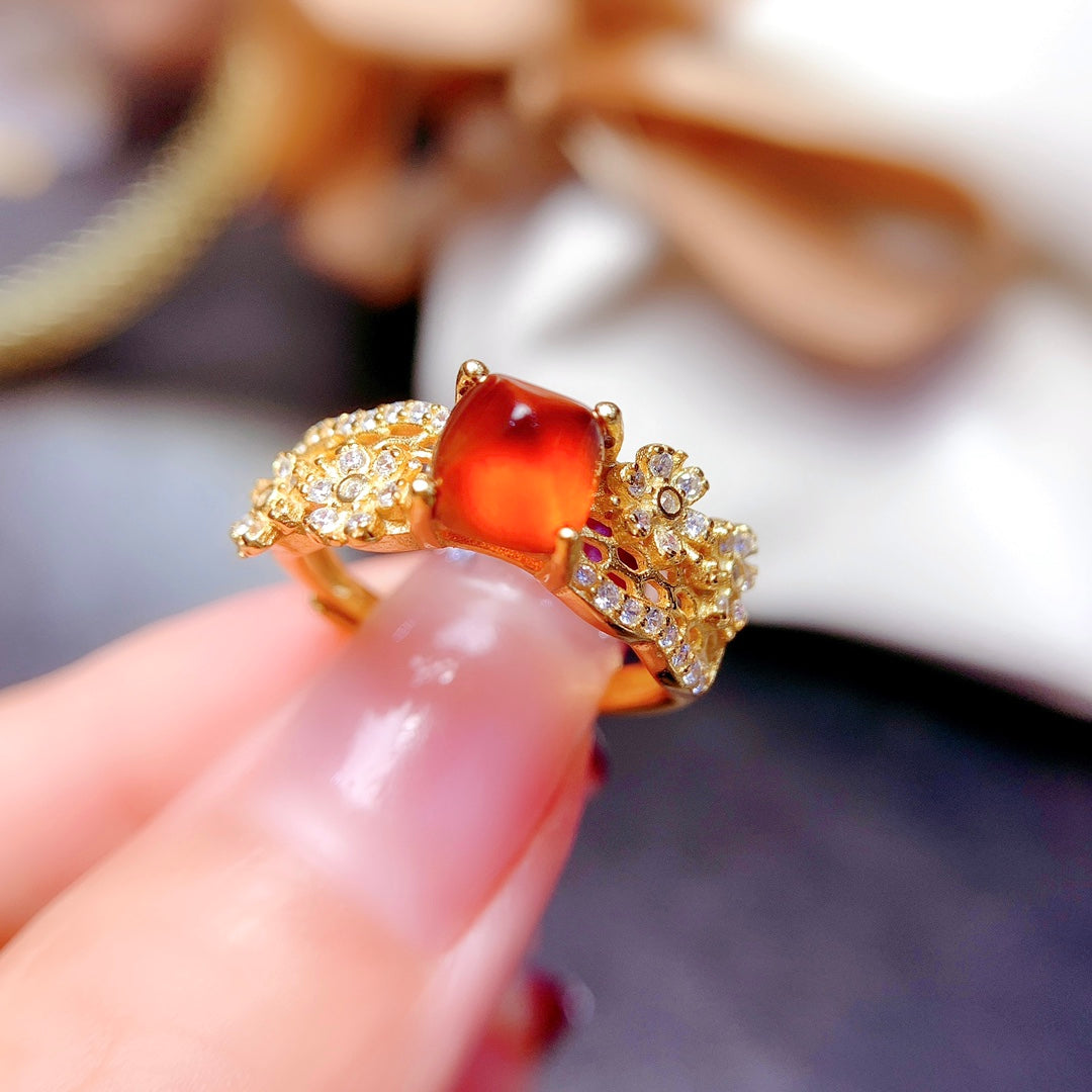 Natural Fanta Garnet Sugar Loaf Cut Adjustable Ring 6*6mm Gold Setting Simple Design Full Clean High Clarity Vibrant Fanta Color S925 Silver Setting Light Luxury Minimalist Ins Style Gift