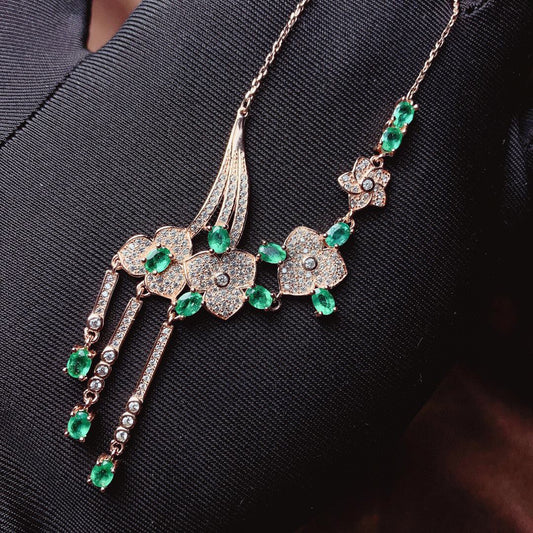 Natural Colombian Emerald Necklace Luxury Design 3*4mm Gold-Plated Look High Clarity Full Fire Intense Green S925 Silver Setting Light Luxury Vintage Versatile Gif