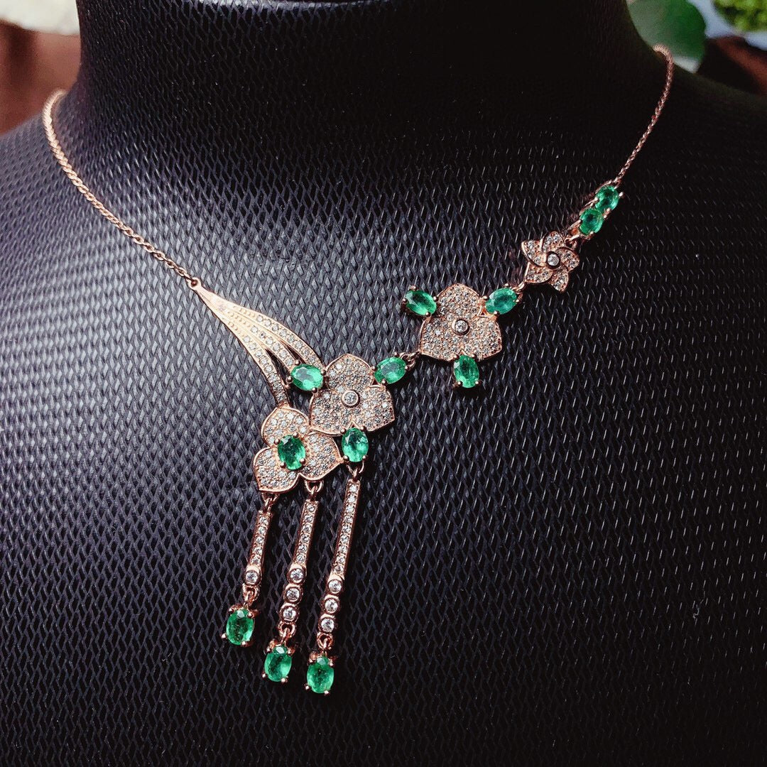 Natural Colombian Emerald Necklace Luxury Design 3*4mm Gold-Plated Look High Clarity Full Fire Intense Green S925 Silver Setting Light Luxury Vintage Versatile Gif