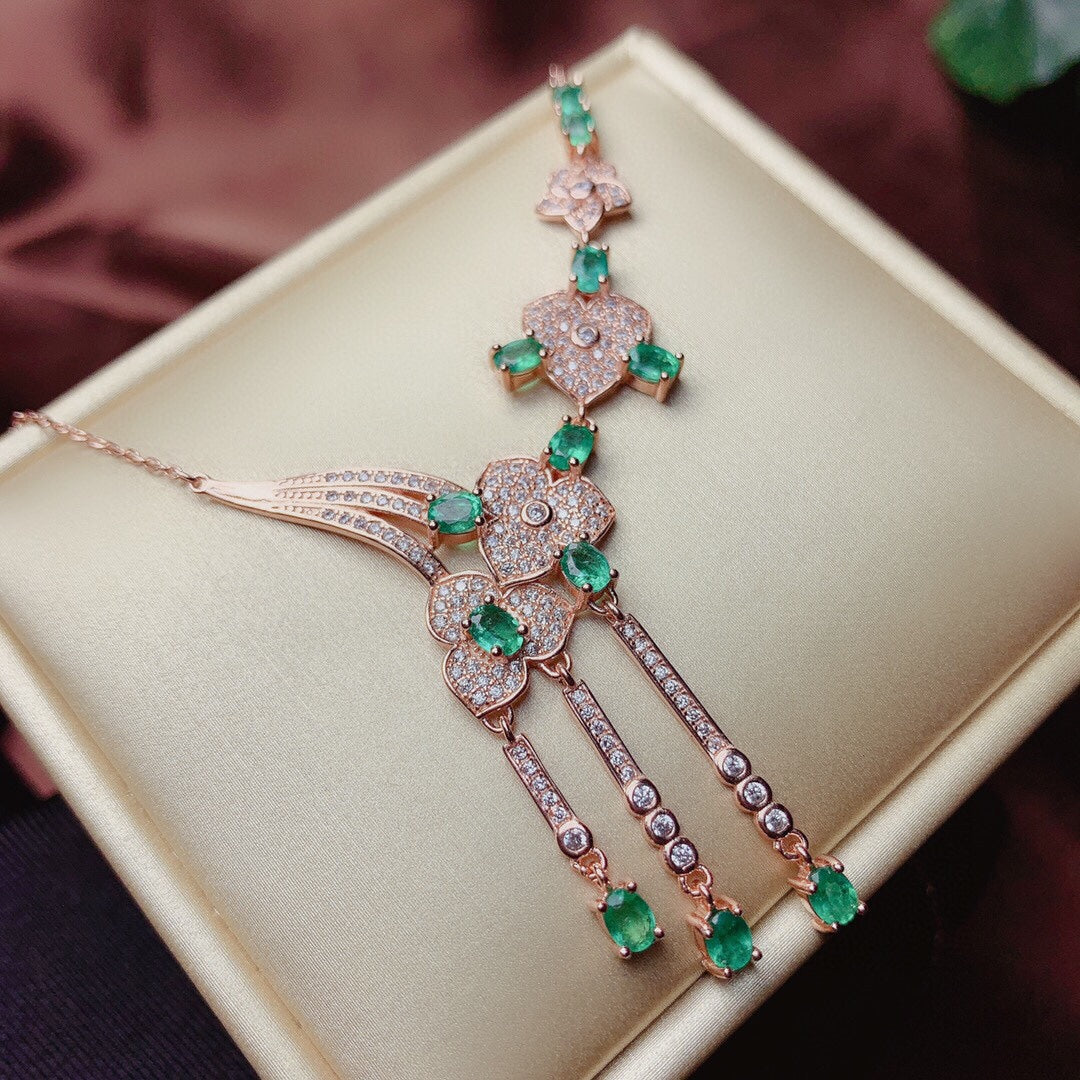 Natural Colombian Emerald Necklace Luxury Design 3*4mm Gold-Plated Look High Clarity Full Fire Intense Green S925 Silver Setting Light Luxury Vintage Versatile Gif