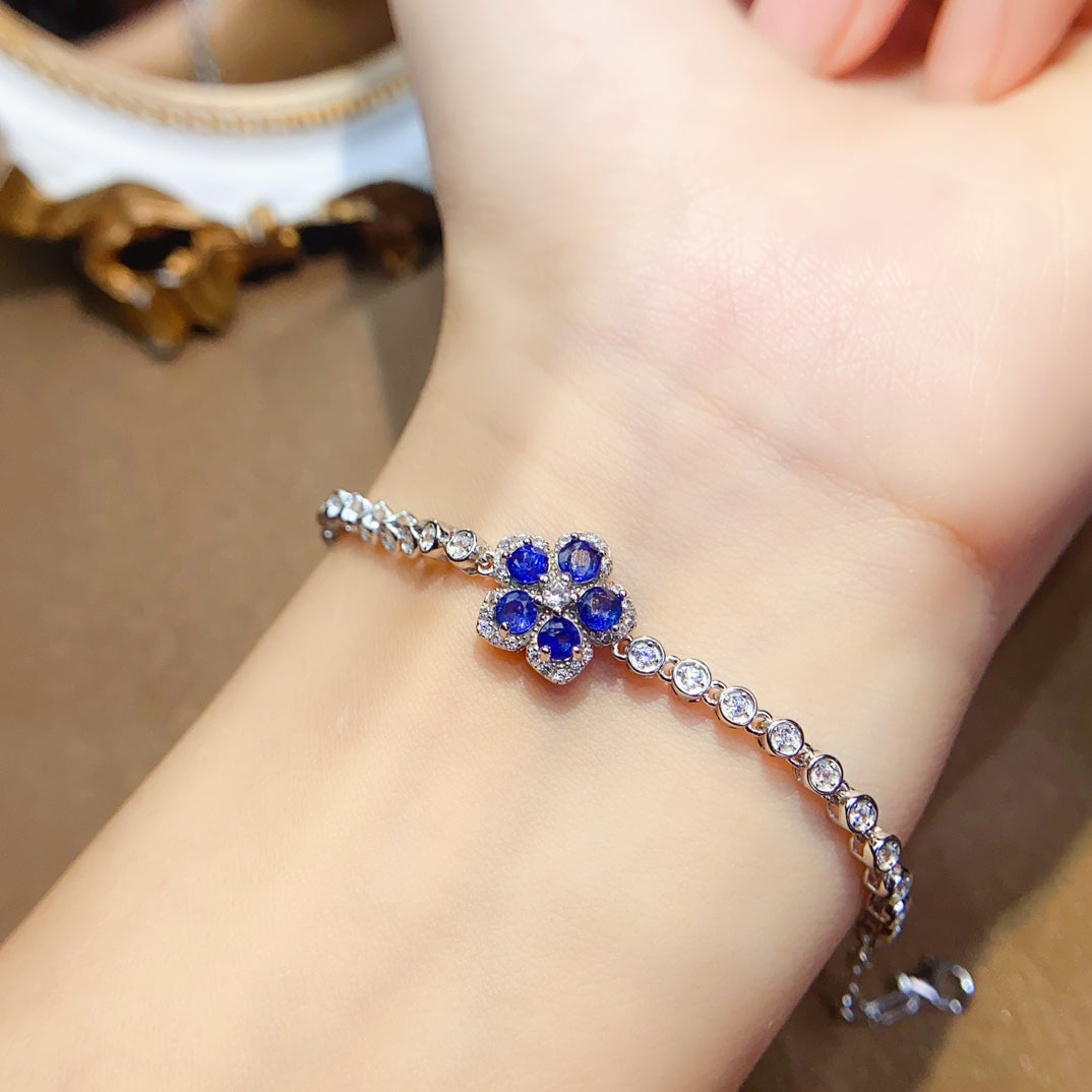 Natural Sapphire Flower Bracelet 3*3mm Simple Fashion Style S925 Silver Setting Fresh Floral Design High Clarity Full Fire Versatile Thin Chain Ins Style Gift