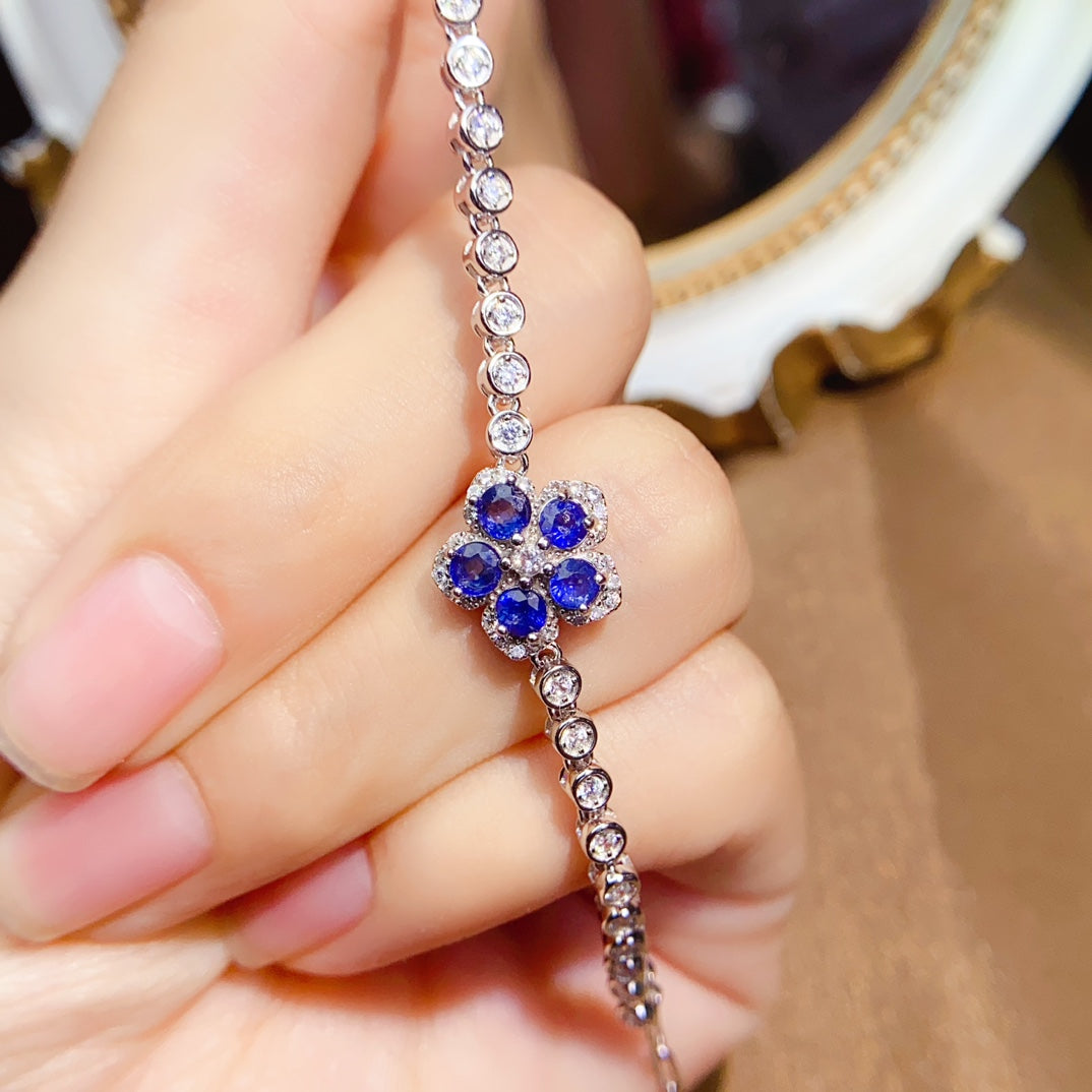 Natural Sapphire Flower Bracelet 3*3mm Simple Fashion Style S925 Silver Setting Fresh Floral Design High Clarity Full Fire Versatile Thin Chain Ins Style Gift