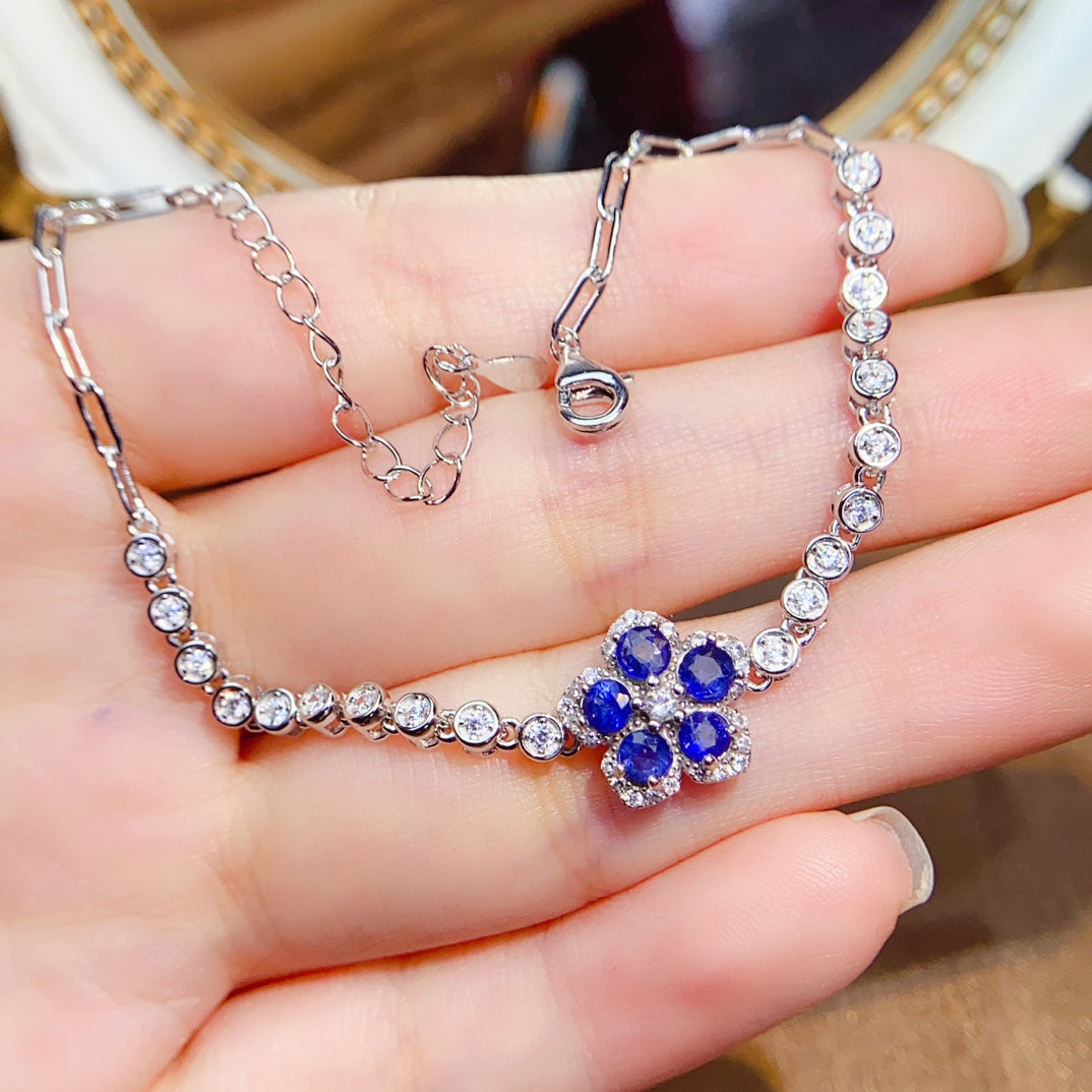 Natural Sapphire Flower Bracelet 3*3mm Simple Fashion Style S925 Silver Setting Fresh Floral Design High Clarity Full Fire Versatile Thin Chain Ins Style Gift