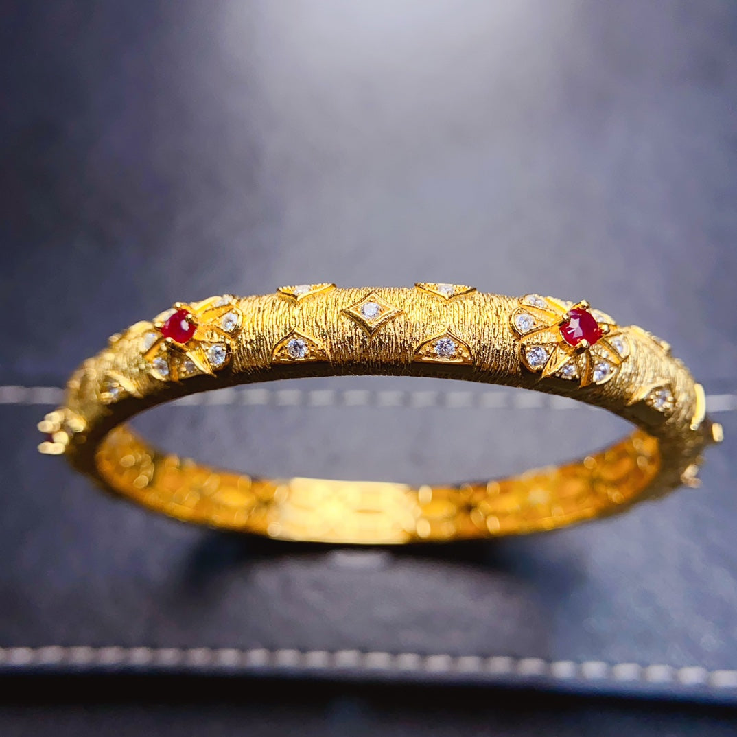 Natural Ruby Bangle Gold Setting 3*3mm Diamond-Grade Clarity Intense Pigeon Blood Red S925 Silver Setting Light Luxury Vintage Versatile Thin Bangle Ins Style Gift