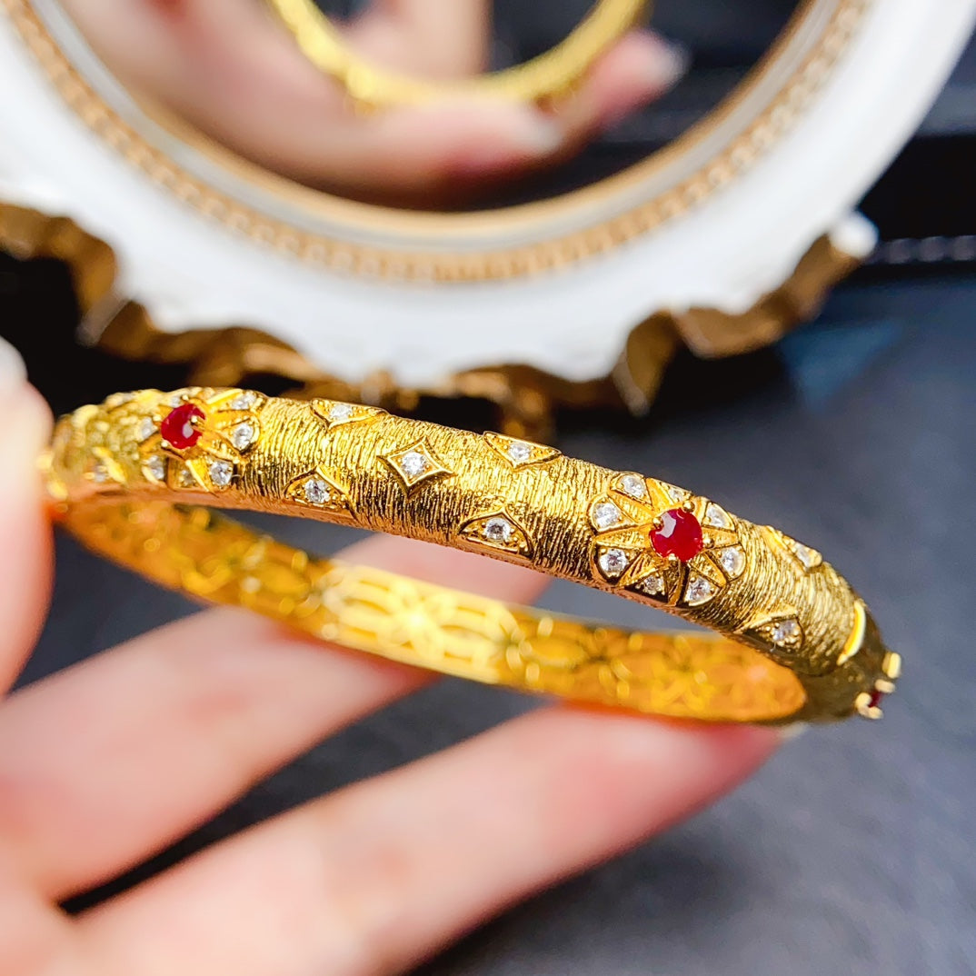 Natural Ruby Bangle Gold Setting 3*3mm Diamond-Grade Clarity Intense Pigeon Blood Red S925 Silver Setting Light Luxury Vintage Versatile Thin Bangle Ins Style Gift
