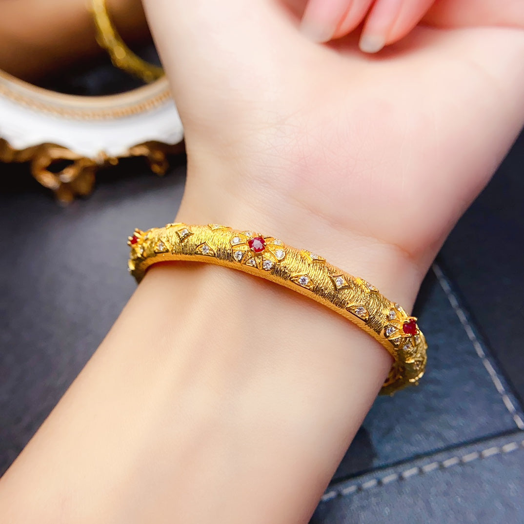 Natural Ruby Bangle Gold Setting 3*3mm Diamond-Grade Clarity Intense Pigeon Blood Red S925 Silver Setting Light Luxury Vintage Versatile Thin Bangle Ins Style Gift