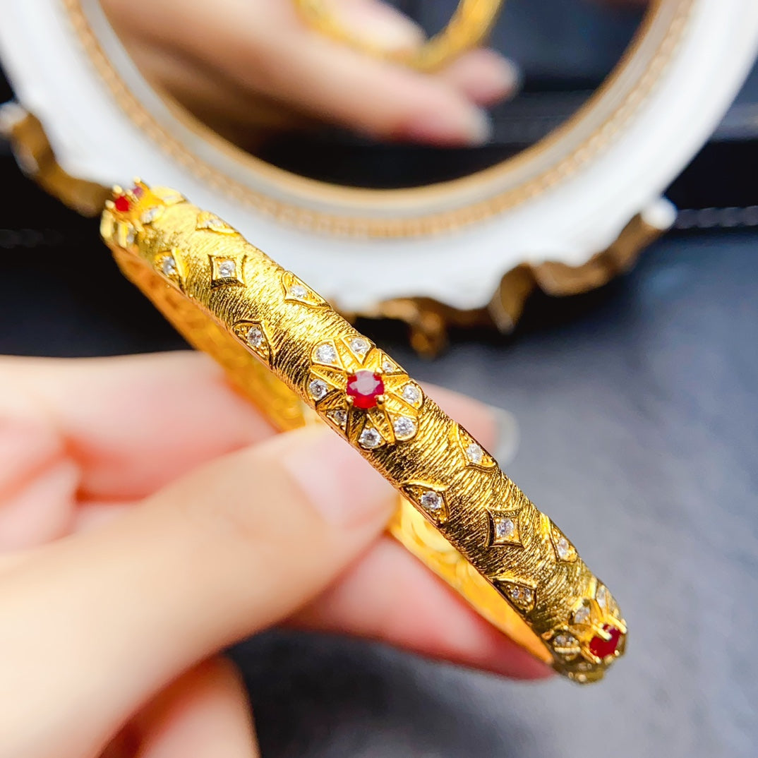 Natural Ruby Bangle Gold Setting 3*3mm Diamond-Grade Clarity Intense Pigeon Blood Red S925 Silver Setting Light Luxury Vintage Versatile Thin Bangle Ins Style Gift
