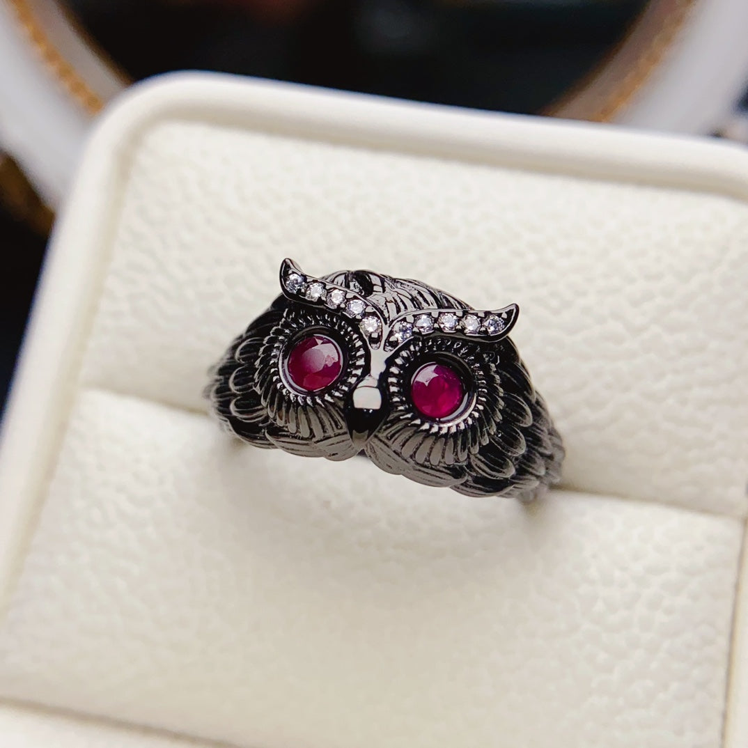 Natural Ruby Owl Ring 3*3mm Black Rhodium Plated Cool Design High Clarity Pigeon Blood Red S925 Silver Setting Adjustable Open Ring Dark Style Ins Gift