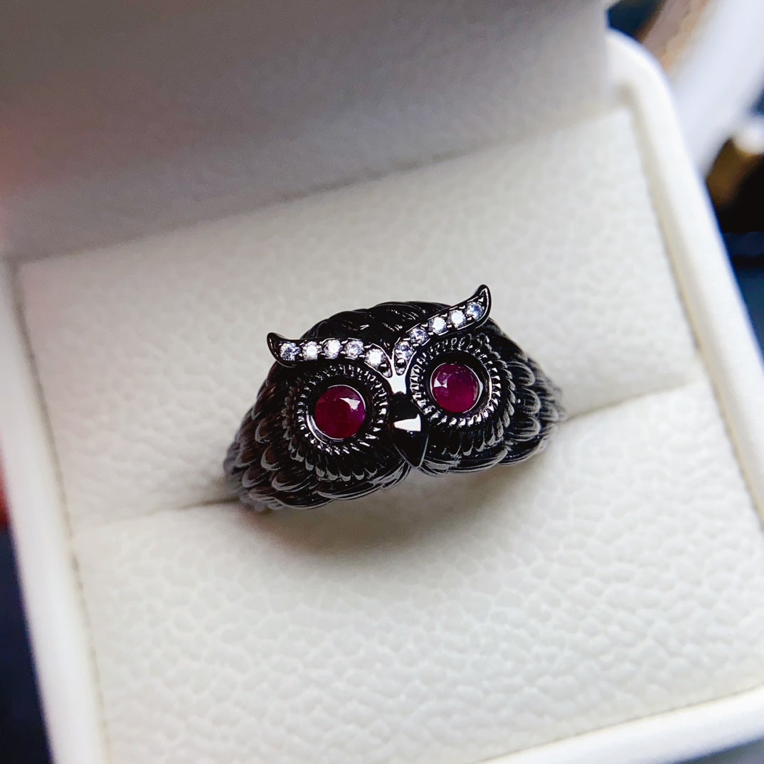 Natural Ruby Owl Ring 3*3mm Black Rhodium Plated Cool Design High Clarity Pigeon Blood Red S925 Silver Setting Adjustable Open Ring Dark Style Ins Gift