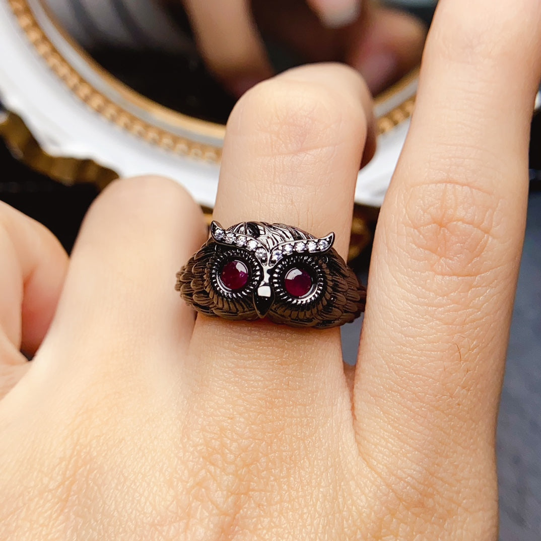 Natural Ruby Owl Ring 3*3mm Black Rhodium Plated Cool Design High Clarity Pigeon Blood Red S925 Silver Setting Adjustable Open Ring Dark Style Ins Gift