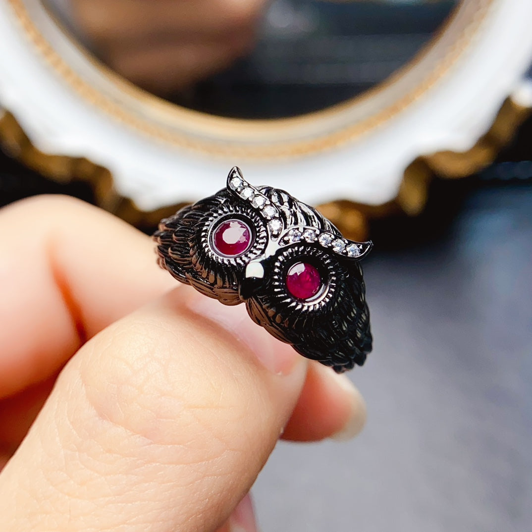 Natural Ruby Owl Ring 3*3mm Black Rhodium Plated Cool Design High Clarity Pigeon Blood Red S925 Silver Setting Adjustable Open Ring Dark Style Ins Gift